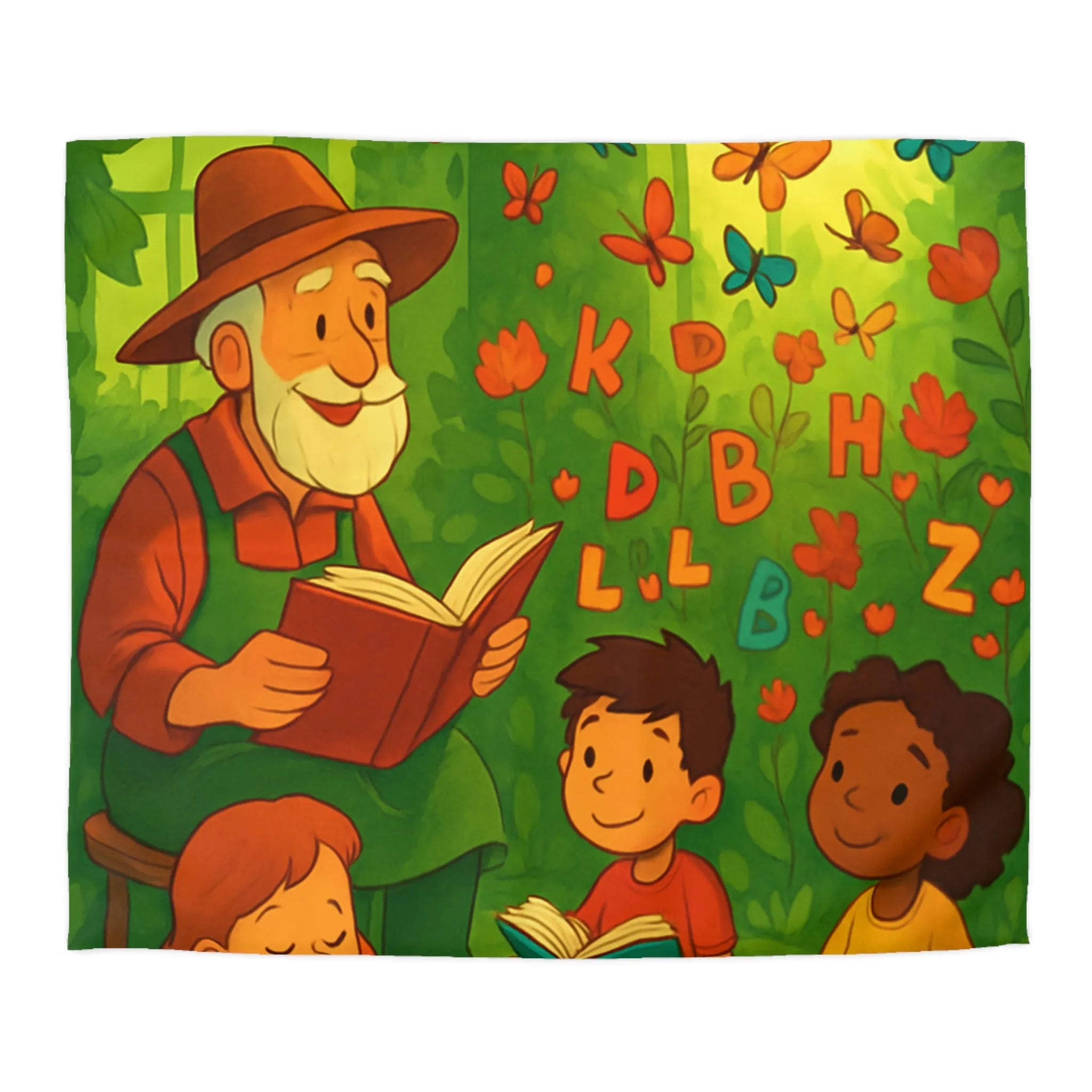 Housse de couette éducative avec scène de lecture, papillons et nature verdoyante