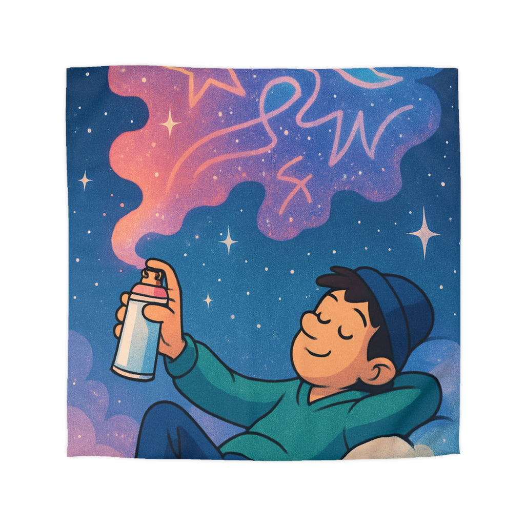 Housse de couette rêve étoilé avec jeune garçon et spray cosmique coloré