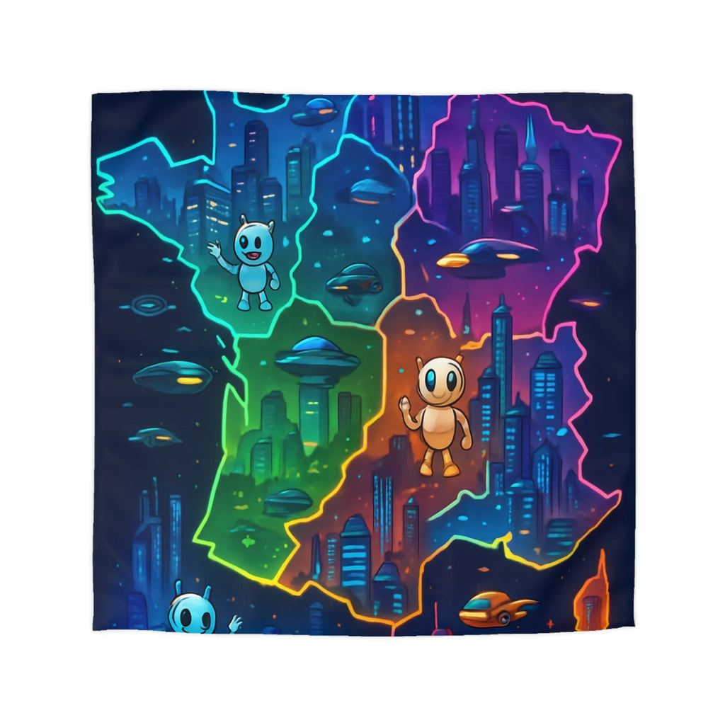 Carte de France futuriste colorée avec robots et OVNIs sur une housse de couette unique