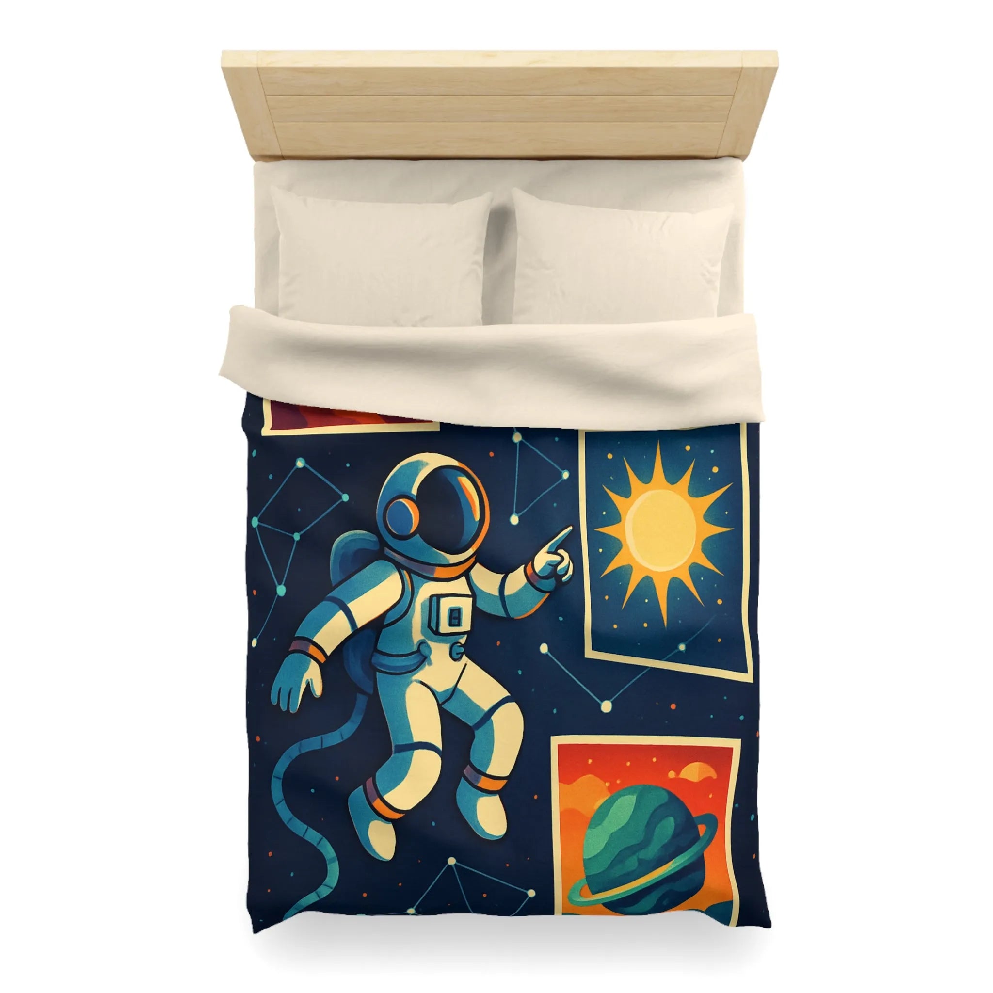 Housse de Couette Espace: Astronaute Flottant parmi Planètes et Constellations, Nuit Étoilée