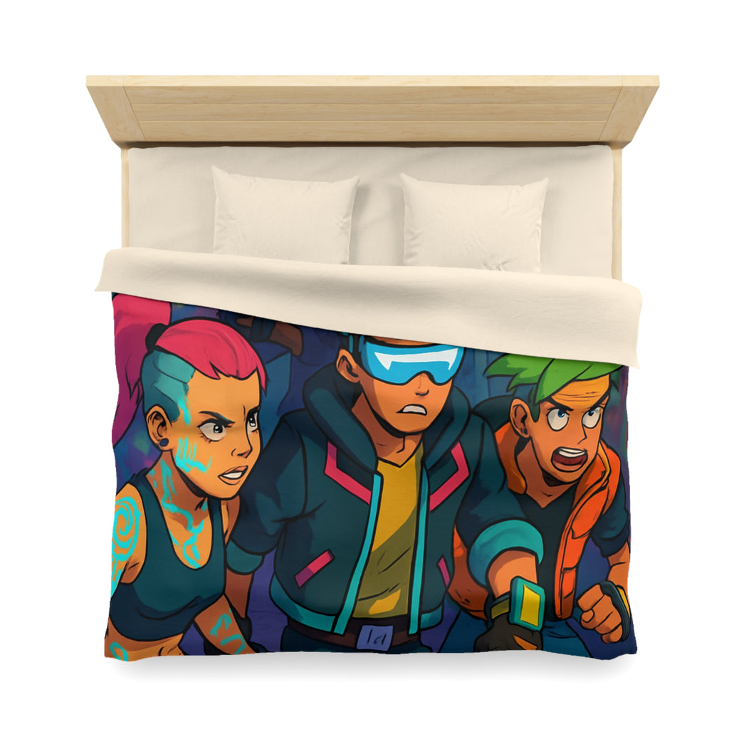 Housse de couette néon rétro avec personnages futuristes dans ruelle urbaine animée