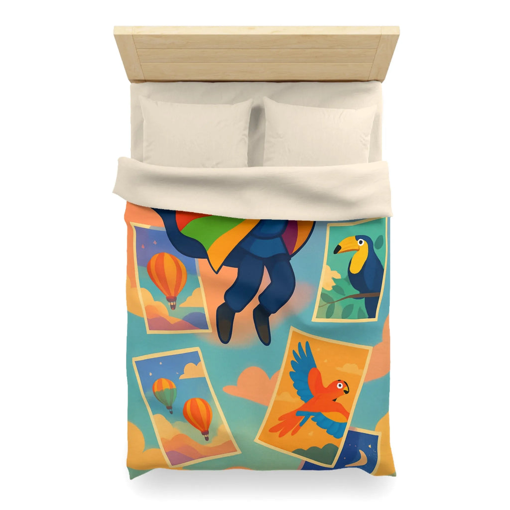 Housse de couette colorée avec motifs d'aventure de montgolfières et oiseaux exotiques