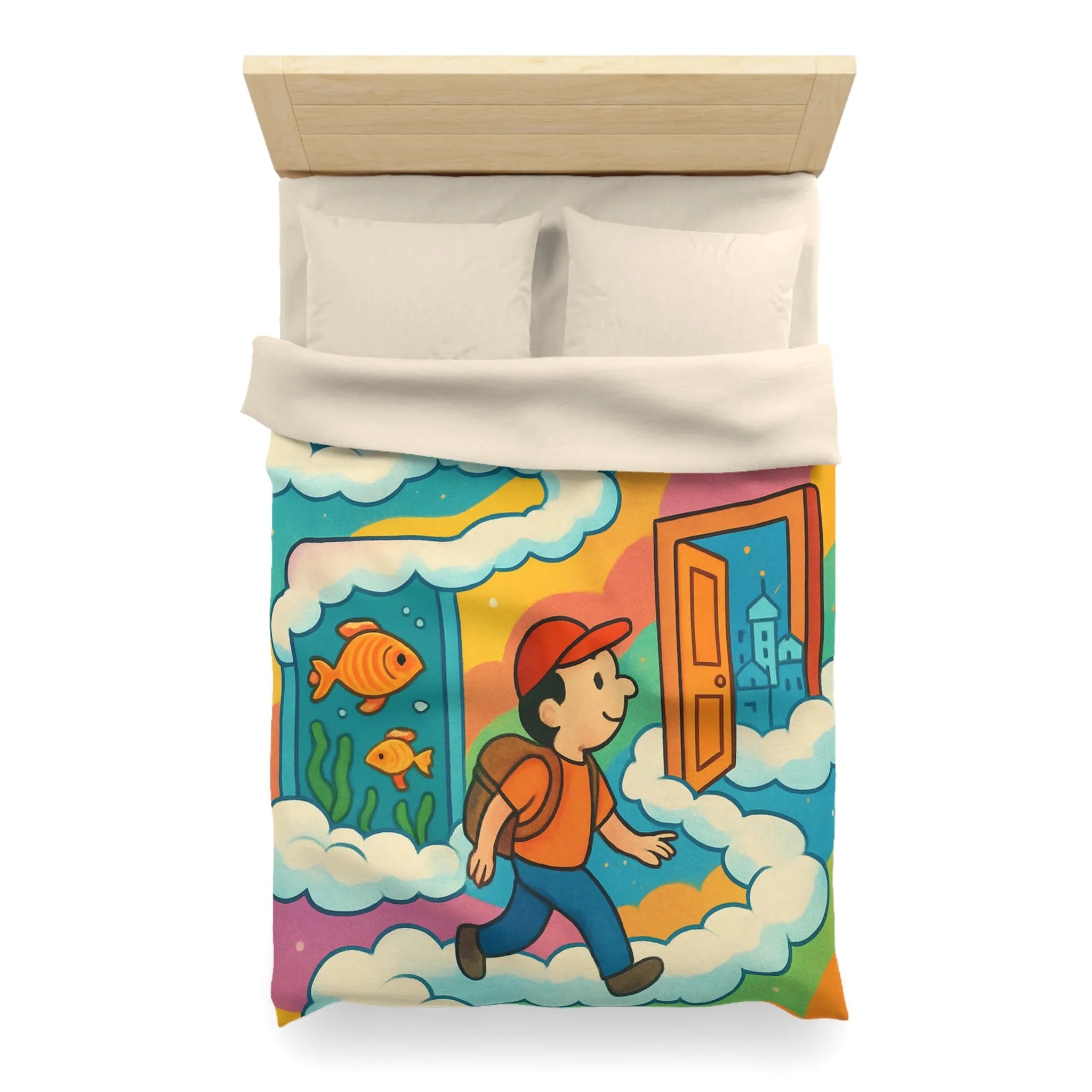 Housse de couette colorée avec portes magiques, nuages et aventure pour enfants rêveurs