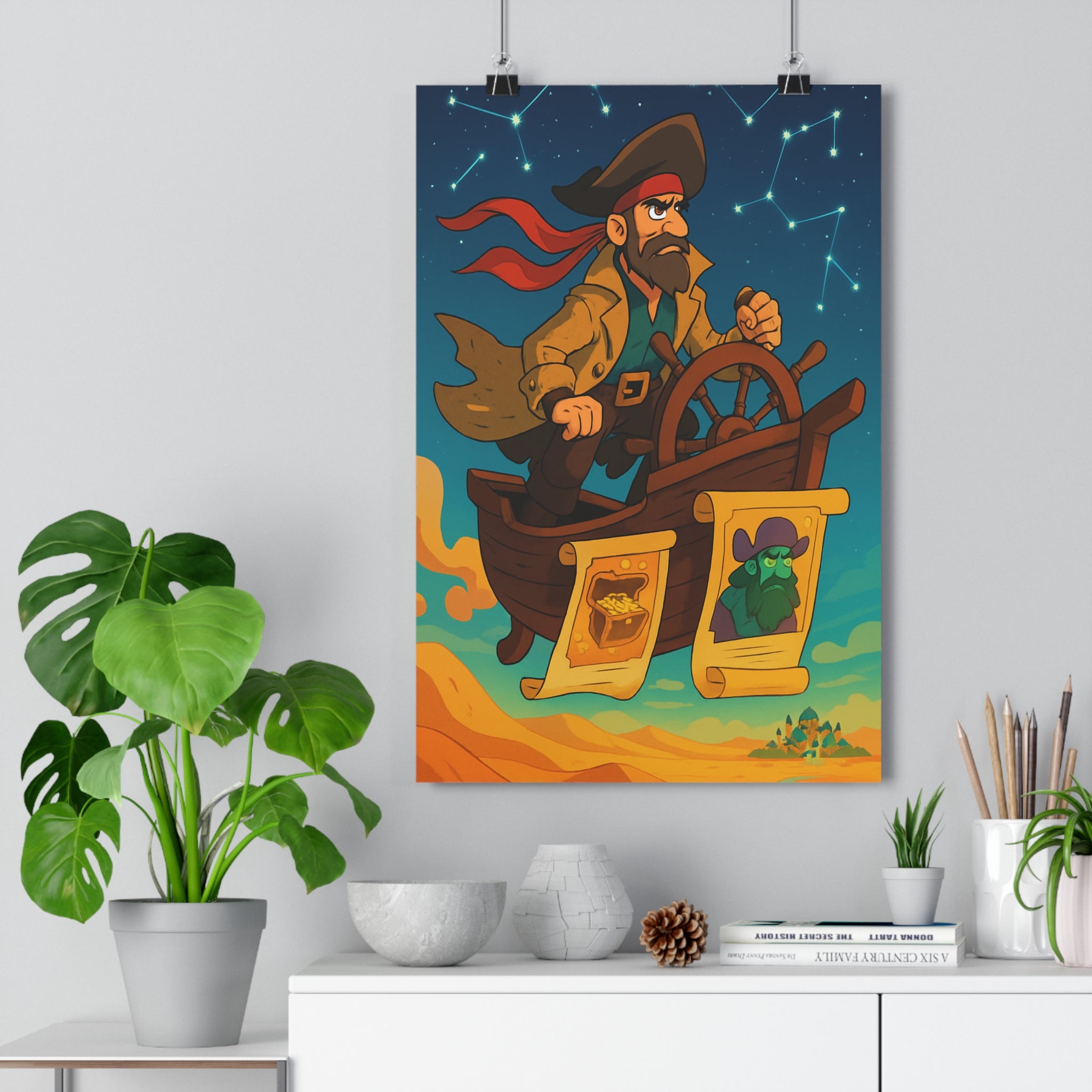 Poster décoratif aventure dessin animé pirate désert bateau volant ciel étoilé bleu orange jaune