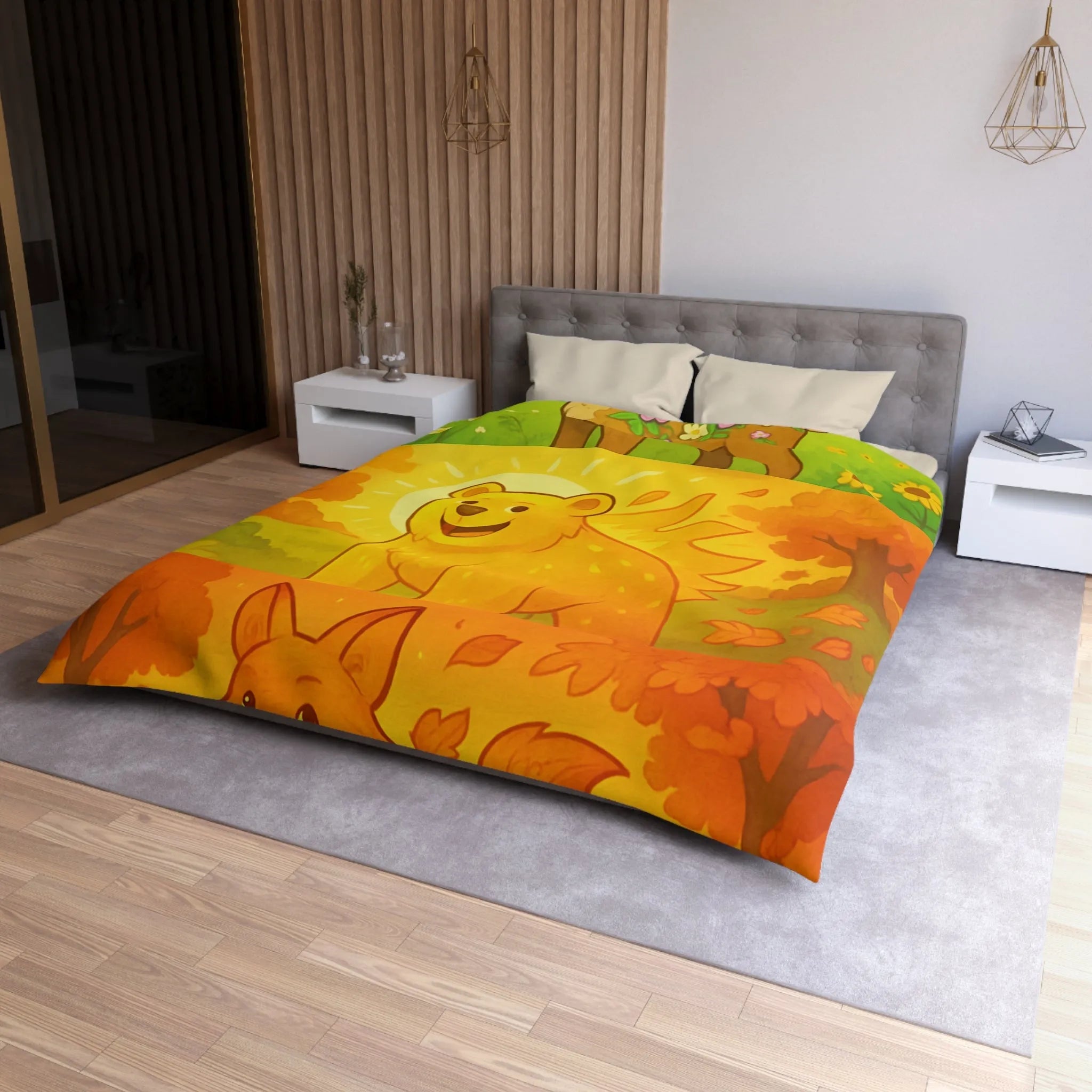 Housse de couette enchantée avec cerf, ours et renard en couleurs vives saisonnières
