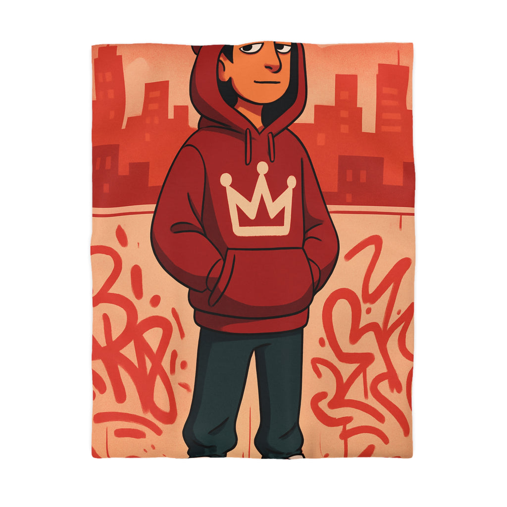 Housse de couette urbaine rouge avec motif couronne et graffiti artistique moderne