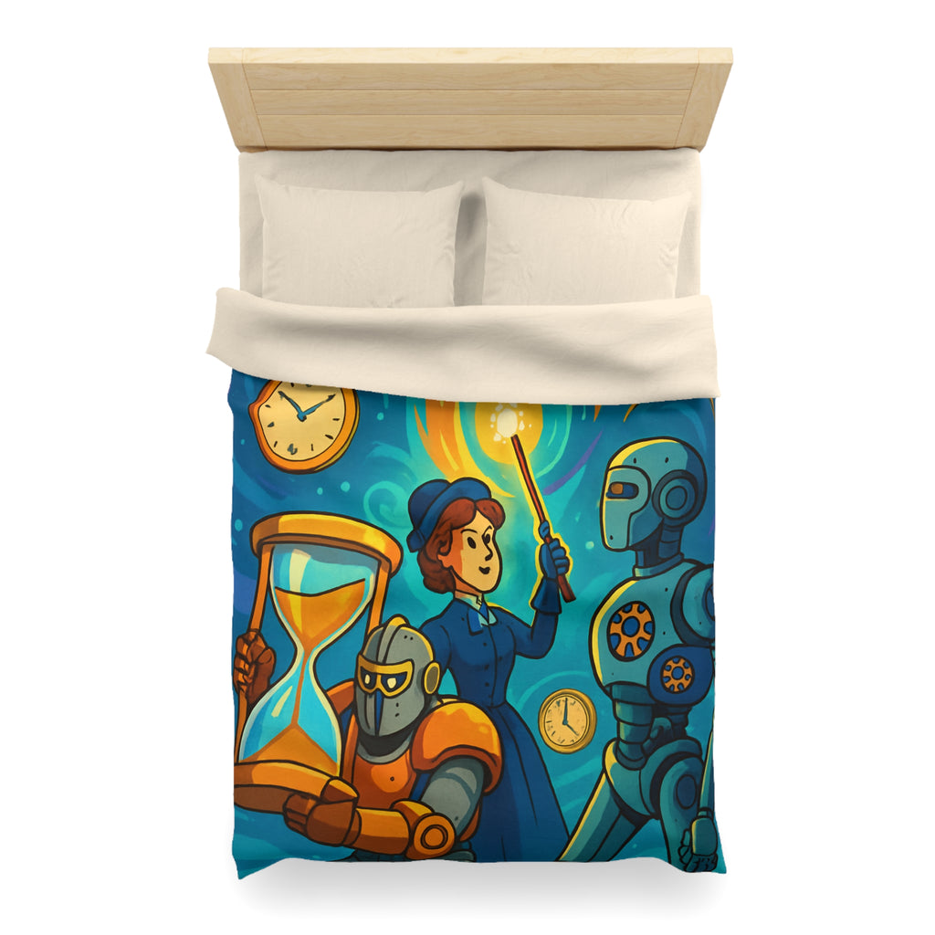 Housse de couette thème science fiction avec robots et horloges pour chambre moderne