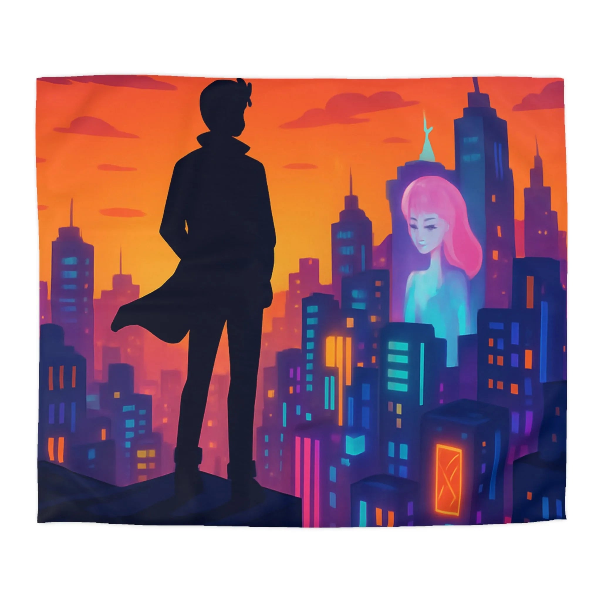 Housse de couette futuriste avec silhouette urbaine et couleurs vibrantes pour chambre moderne