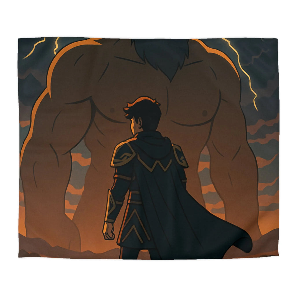 Housse de couette épique avec guerrier et géant sous orage électrique dramatique