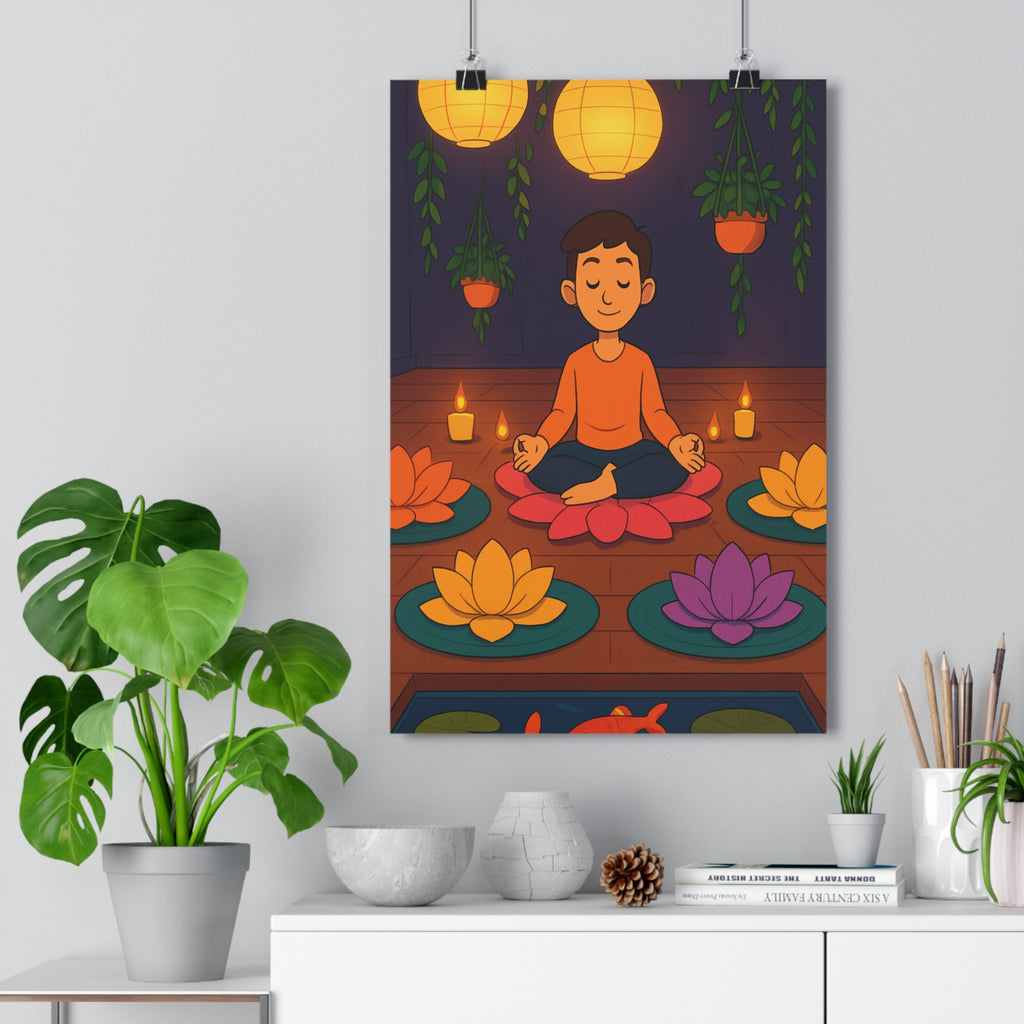Poster décoratif cartoon zen asiatique méditation coloré paisible salon chambre murale ambiance relaxante chaleureuse