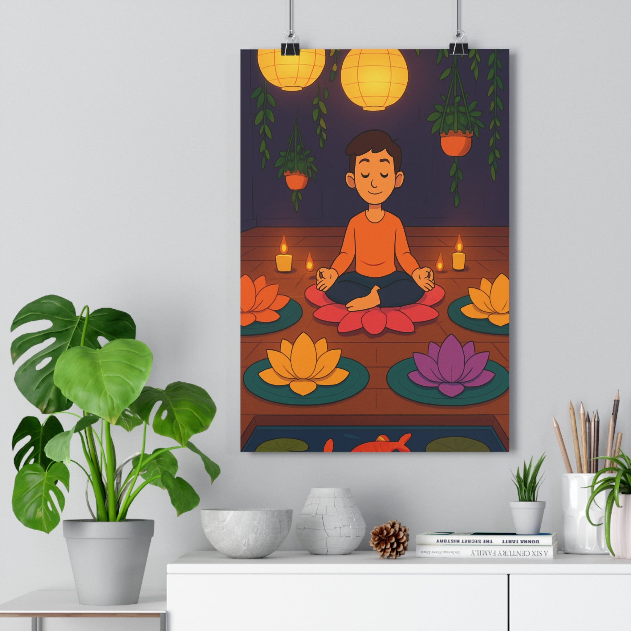 Poster décoratif cartoon zen asiatique méditation coloré paisible salon chambre murale ambiance relaxante chaleureuse