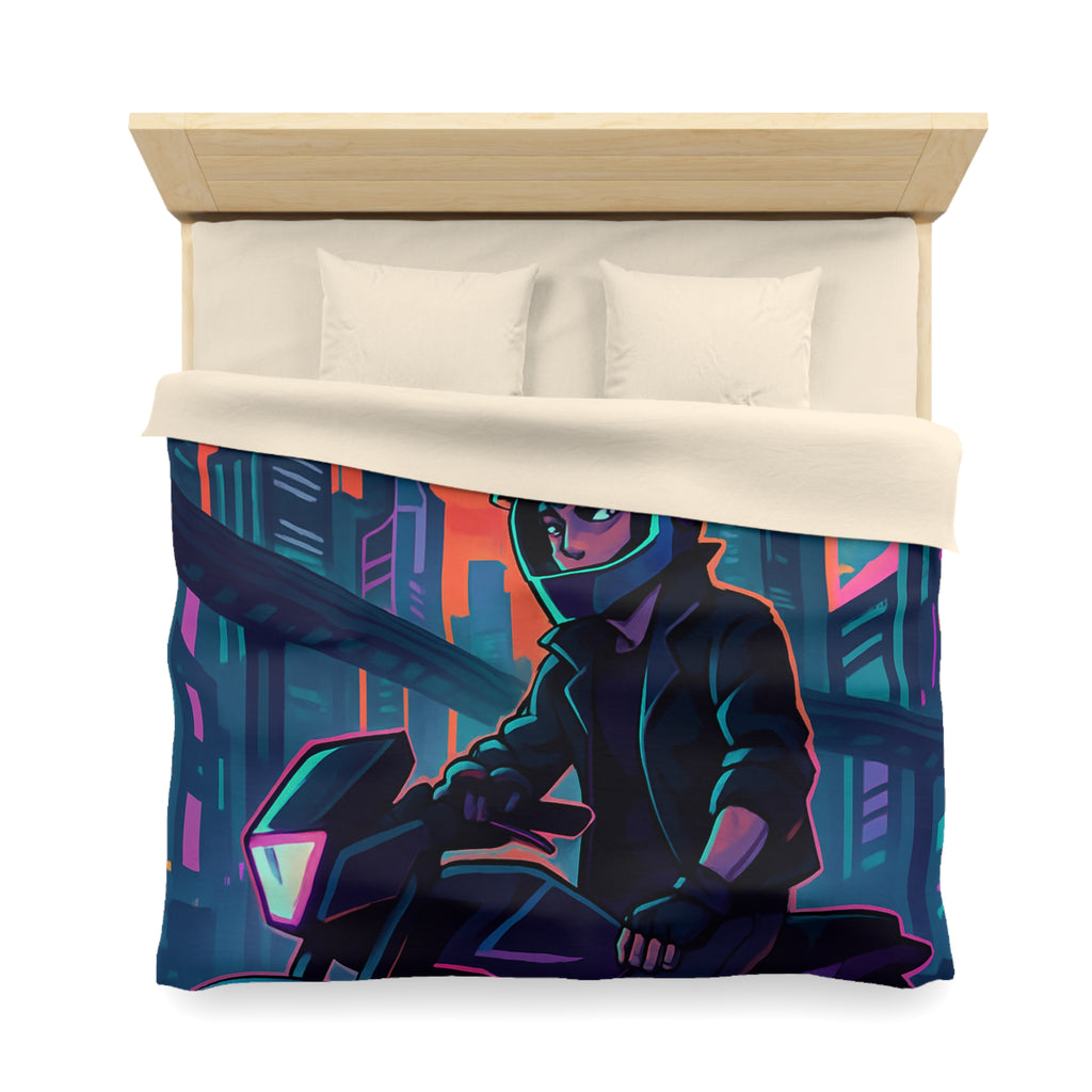 Housse de couette urbaine avec motard futuriste dans une ville de néons colorés
