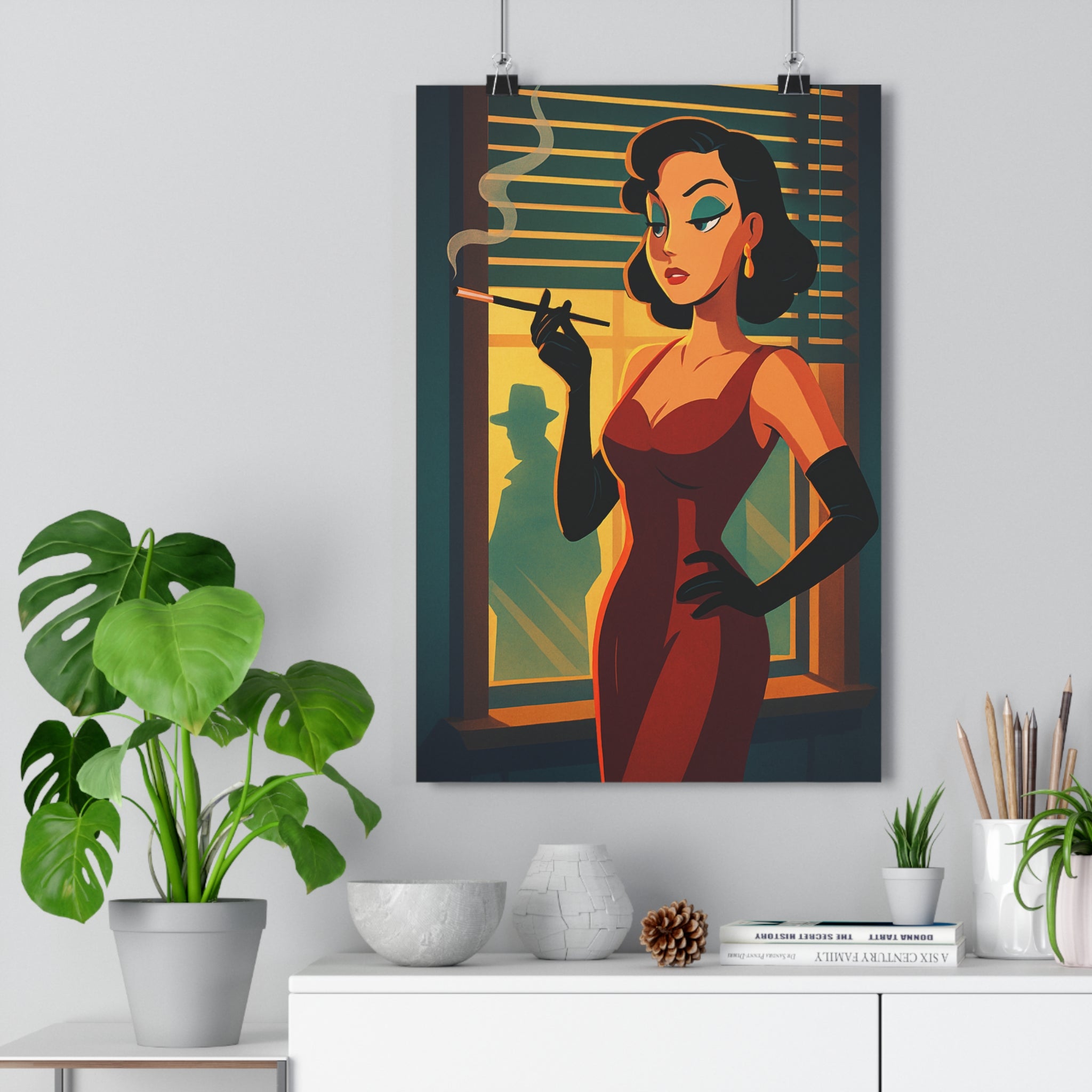 Poster décoratif vintage sépia rouge noir chic mystérieux femme élégant salon bureau intrigue qualité