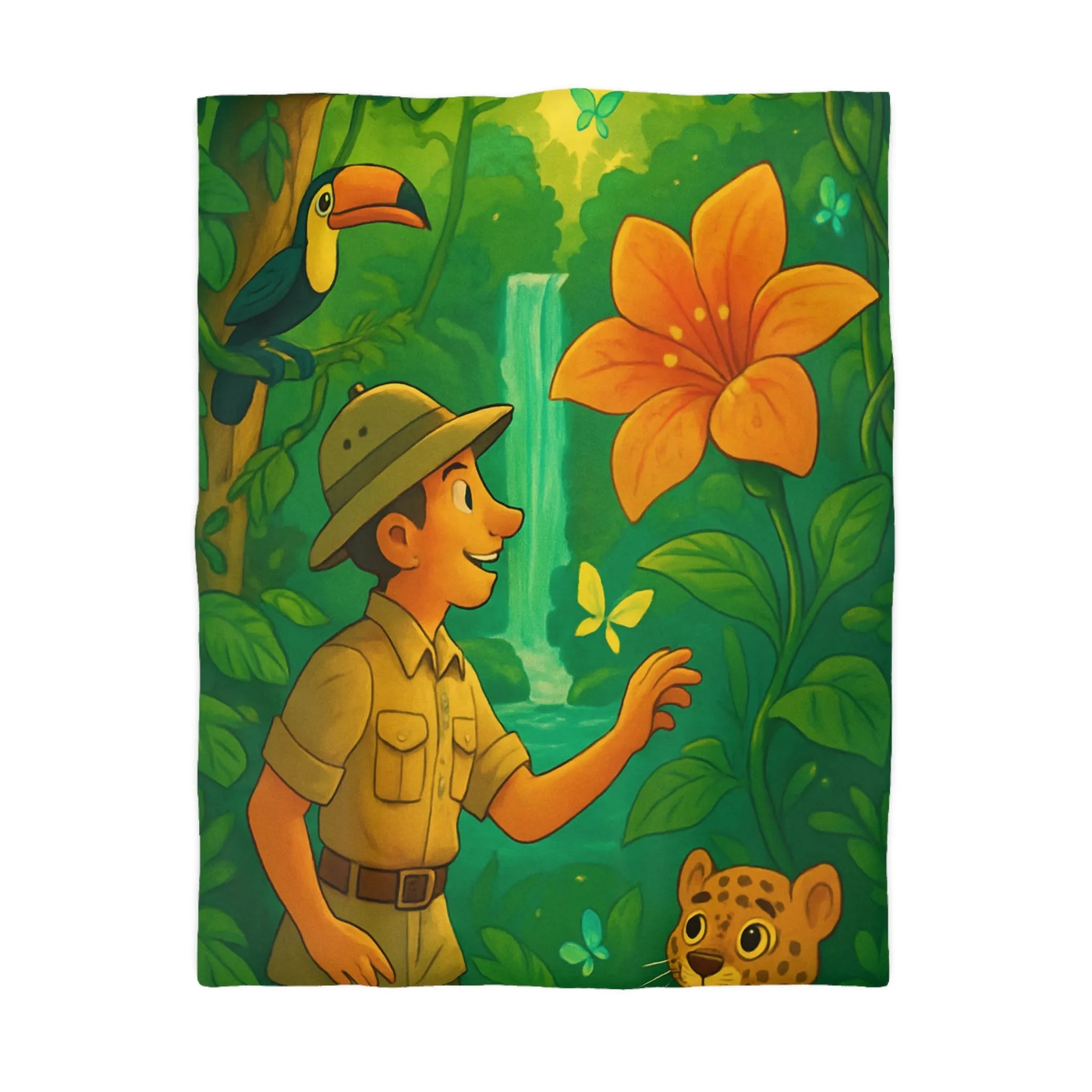 Housse de Couette Jungle Colorée avec Explorateur, Toucan, Léopard et Cascade Enchantée