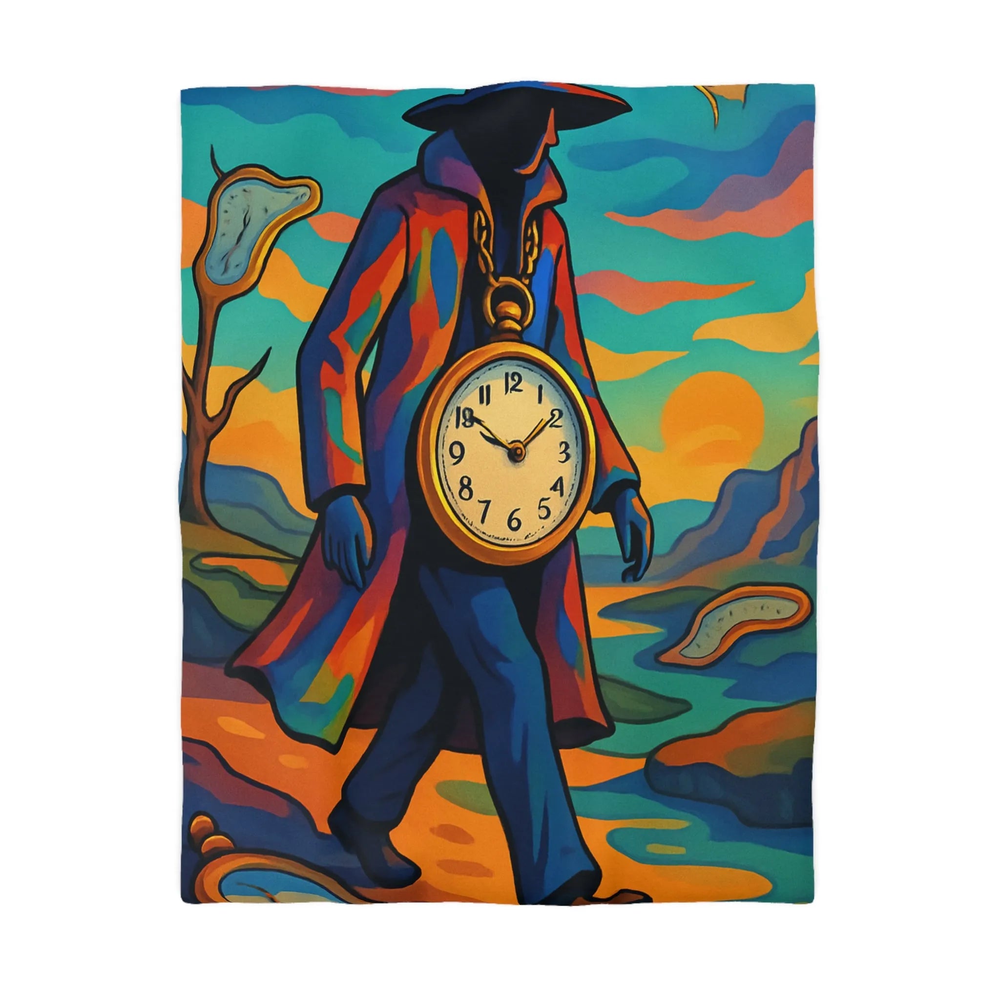 Housse de couette colorée avec personnage mystérieux style surréaliste montre et paysages