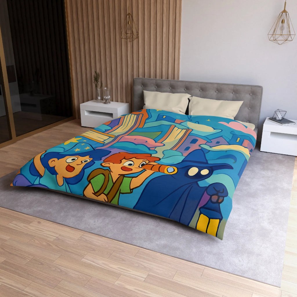 Housse de couette magique enfants avec illustration de sorcier, château et ciel étoilé