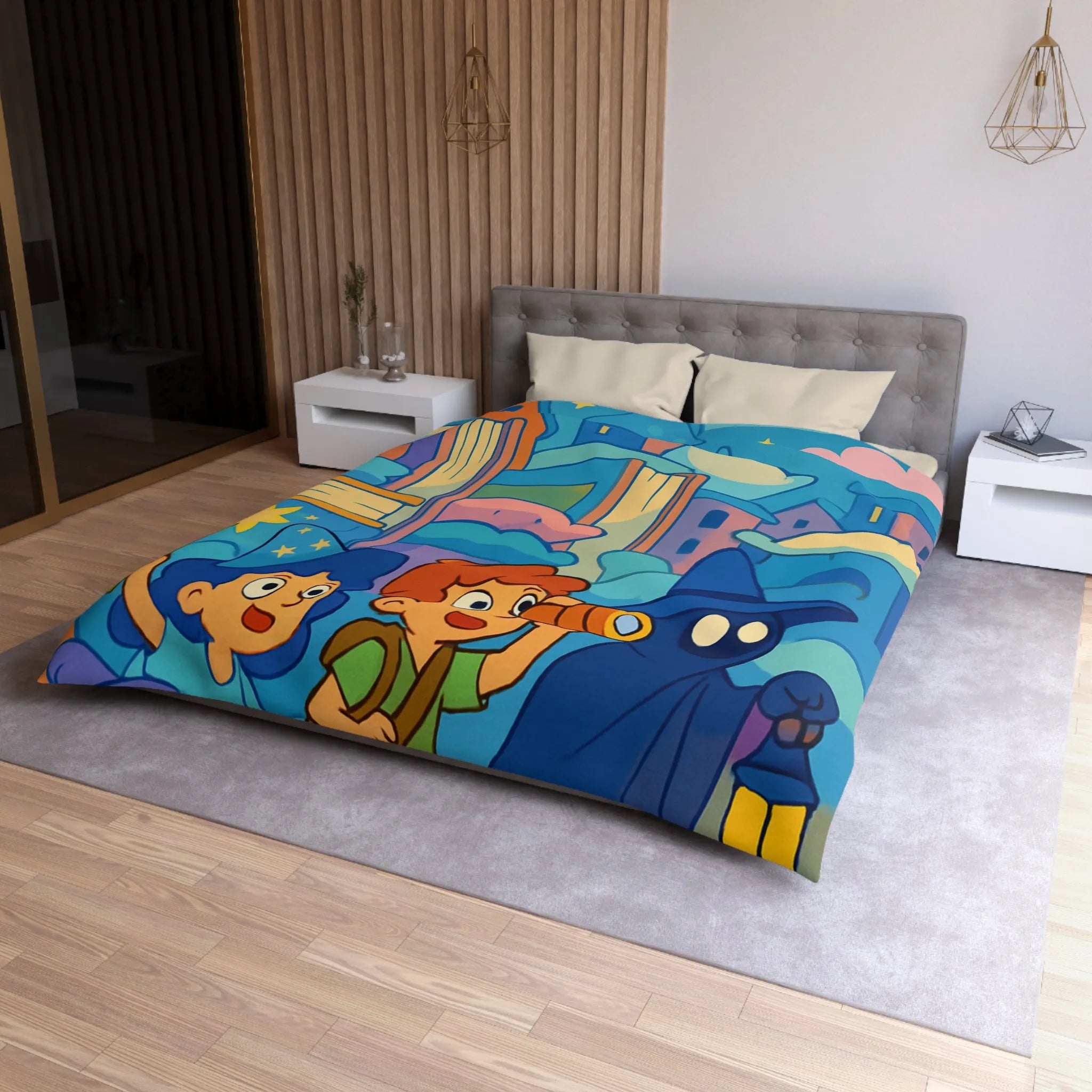 Housse de couette magique enfants avec illustration de sorcier, château et ciel étoilé