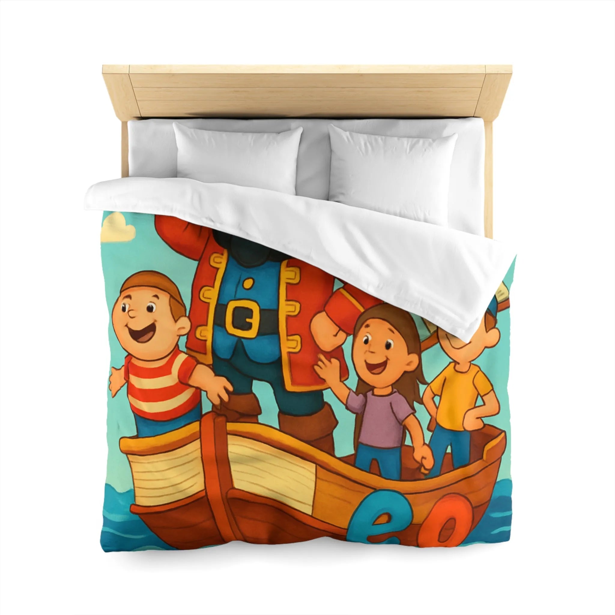 Housse de couette enfant pirate avec voyelles, perroquet et mer colorée