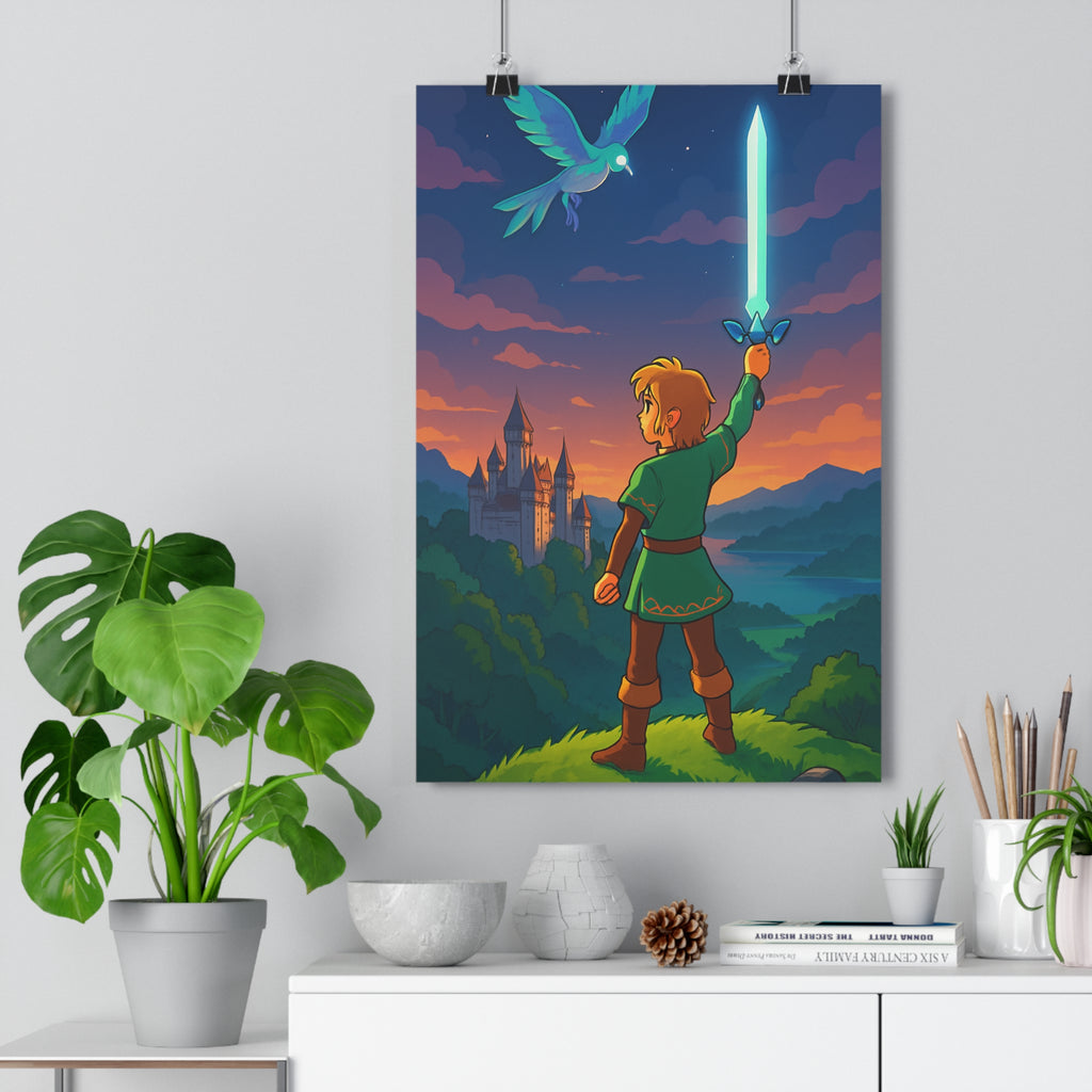 Poster décoratif cartoon épique fantastique lumineux héros épée château chambre enfant couleur ambiance aventure