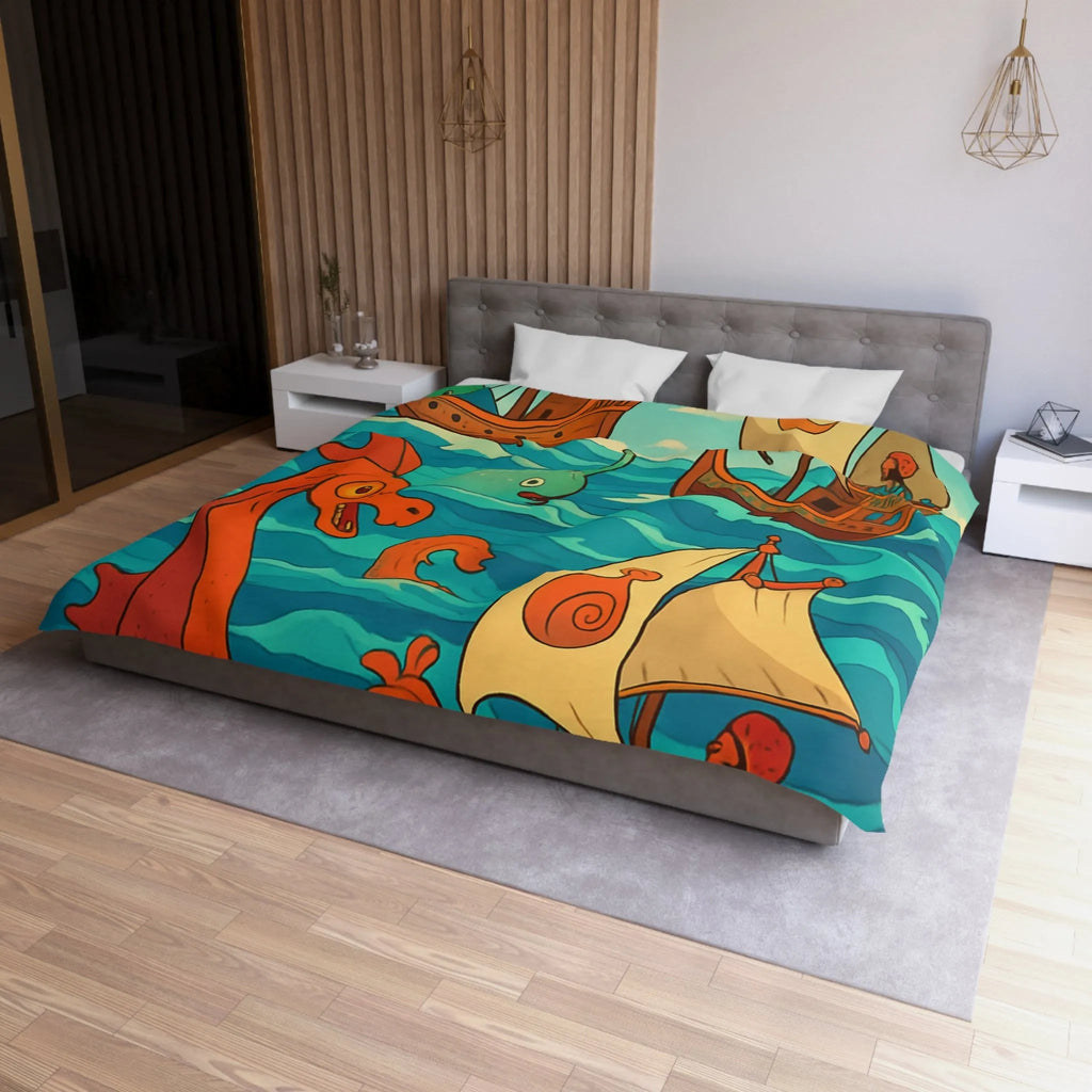 Housse de Couette Colorée avec Bateaux et Créatures Maritimes dans Stil Nautique Fantasy