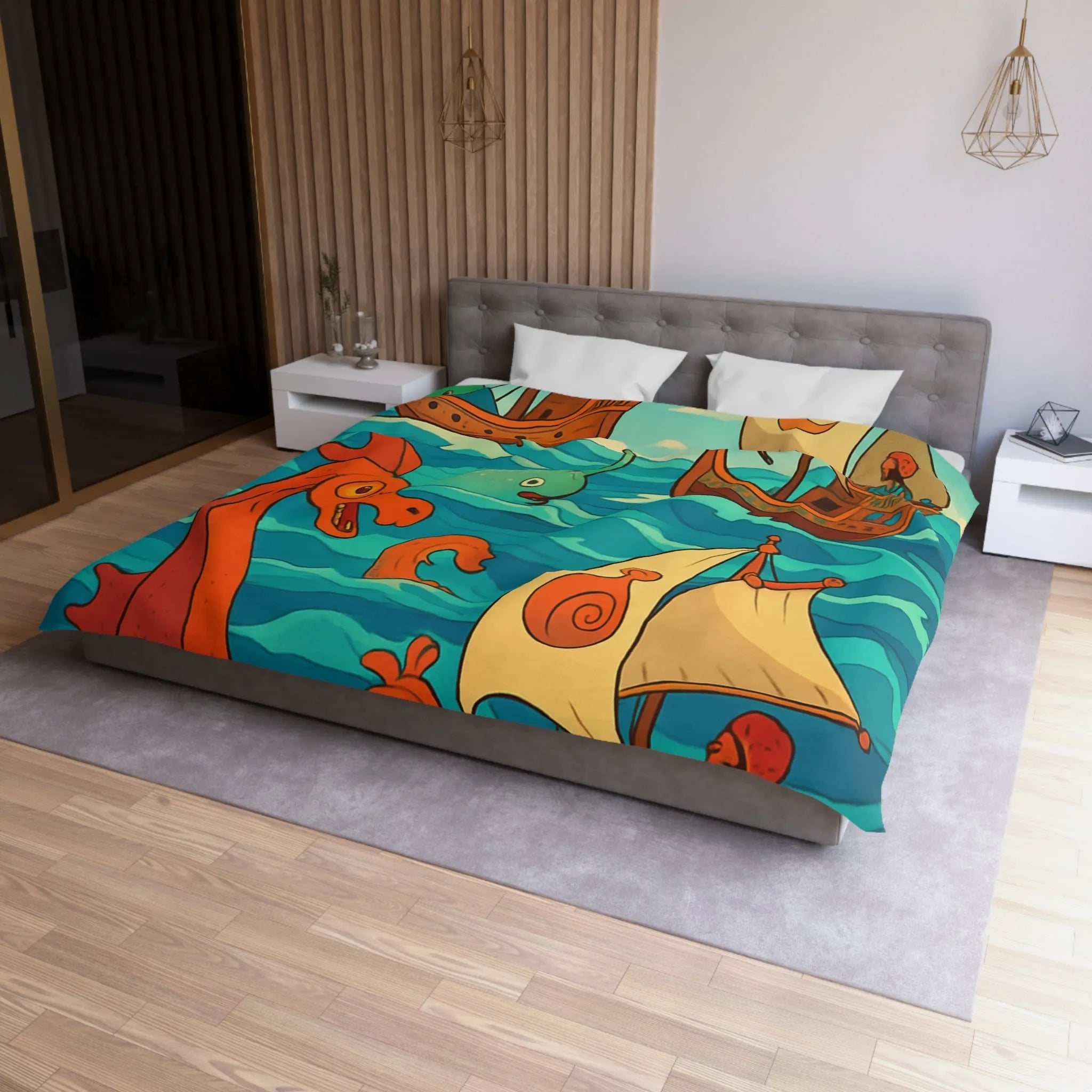 Housse de Couette Colorée avec Bateaux et Créatures Maritimes dans Stil Nautique Fantasy