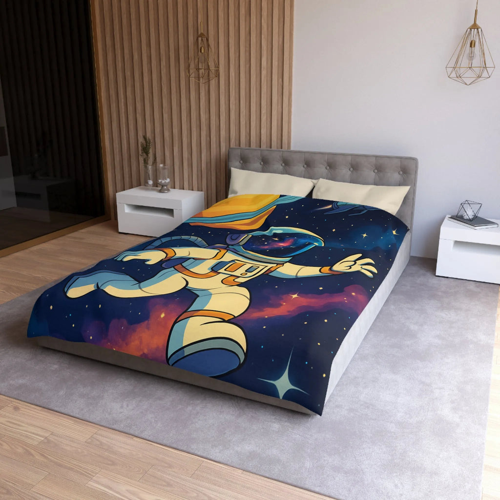 Housse de couette avec astronaute, planète et fusée dans l'espace étoilé coloré