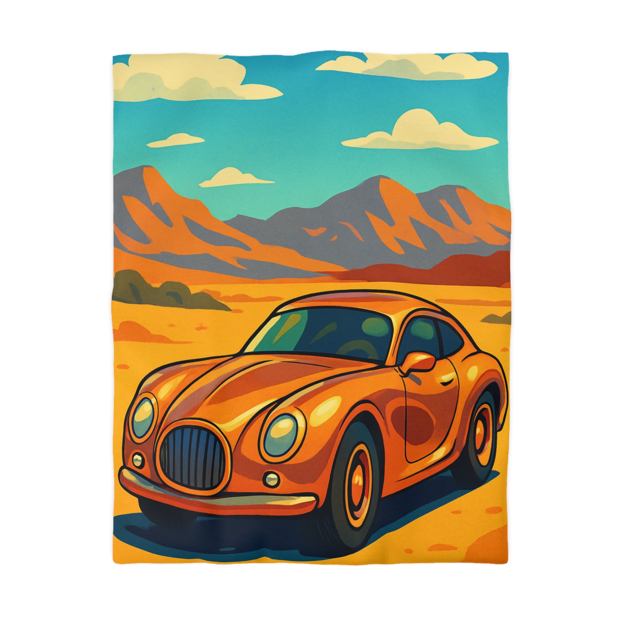 Housse de couette style rétro avec voiture orange désert paisible montagnes lointaines