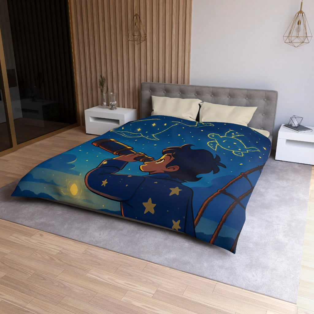 Housse de Couette Étoilée Enfant Rêveur Observant Constellations Célestes Bleu Nuit
