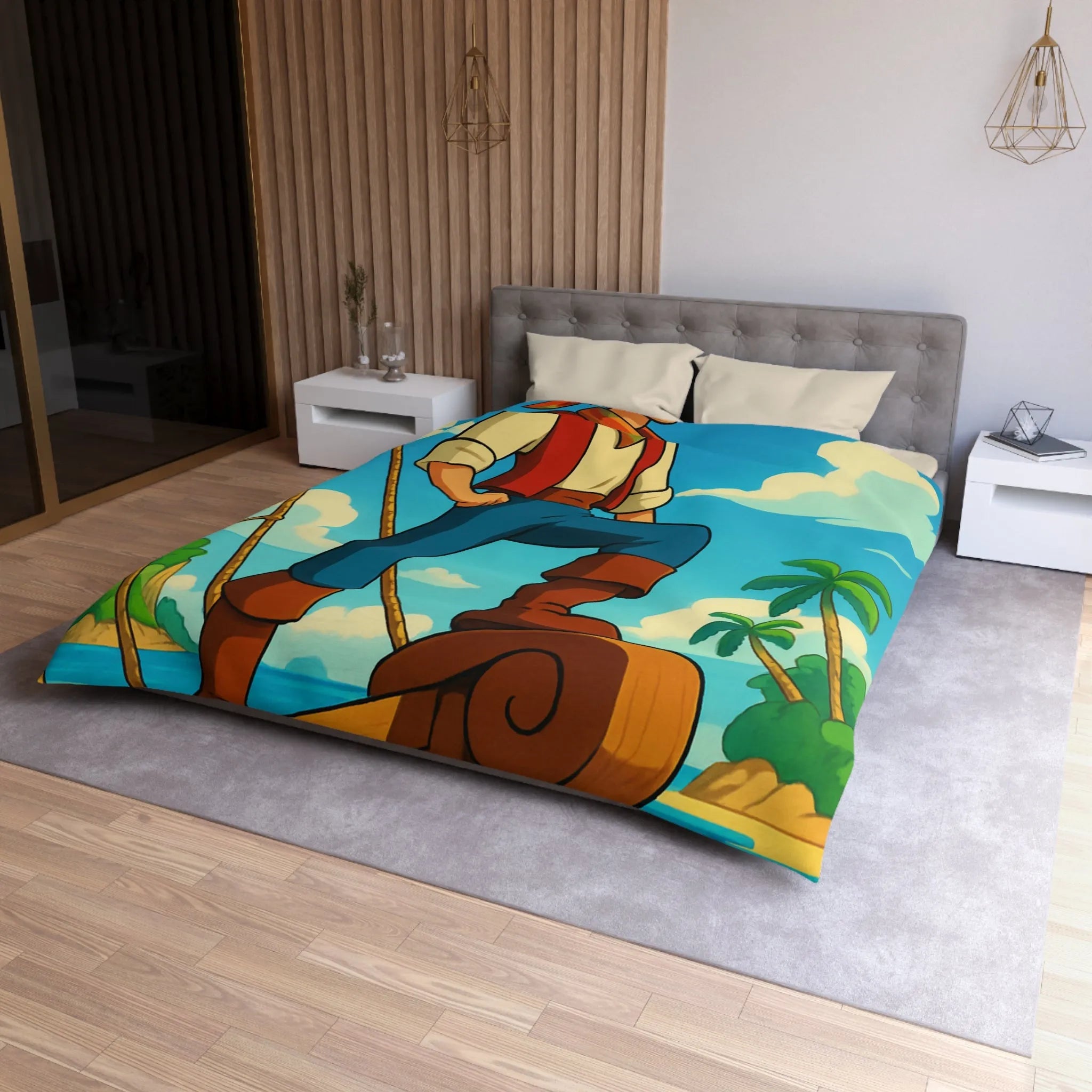 Housse de couette avec illustration de marin aventurier naviguant parmi palmiers et mer azur