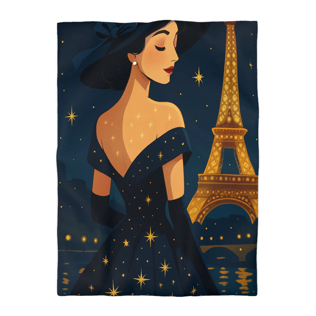 Élégante illustration nocturne femme en robe étoilée avec Tour Eiffel lumineuse