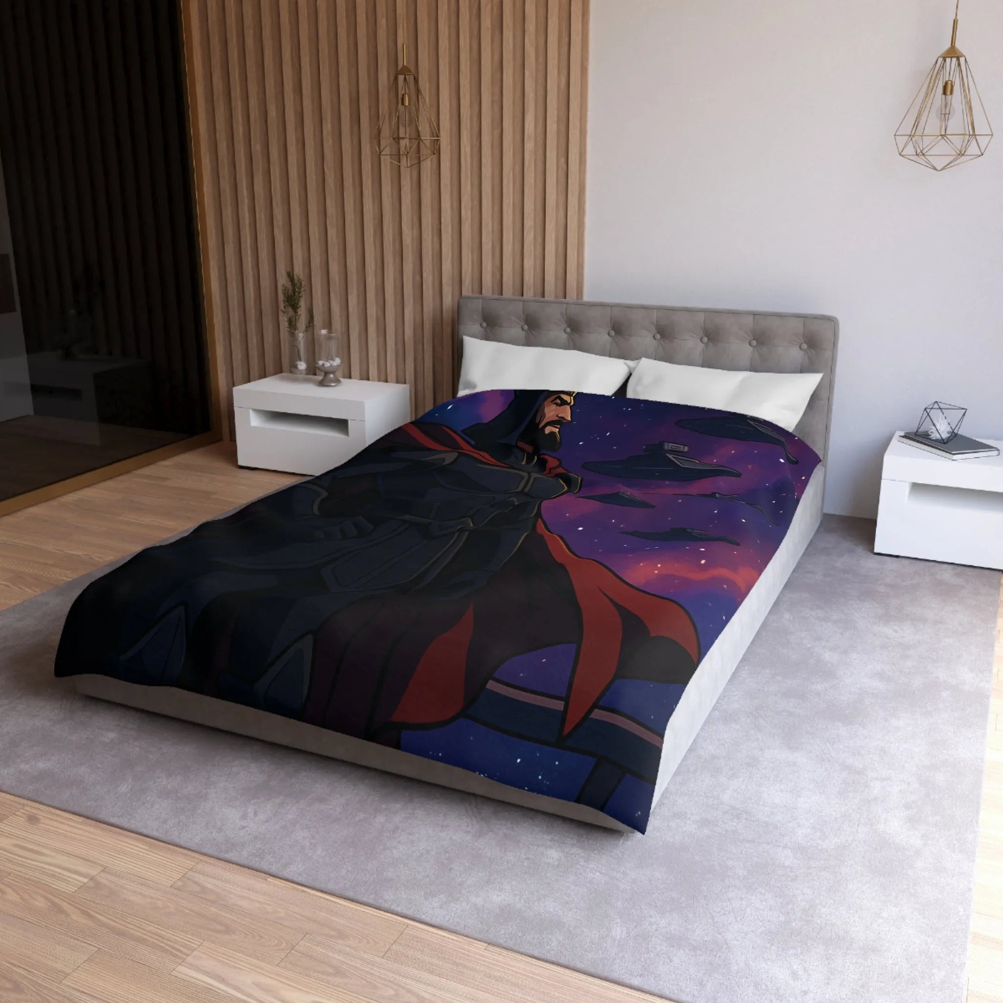 Housse de couette épique guerre galactique avec personnage en cape et vaisseaux spatiaux