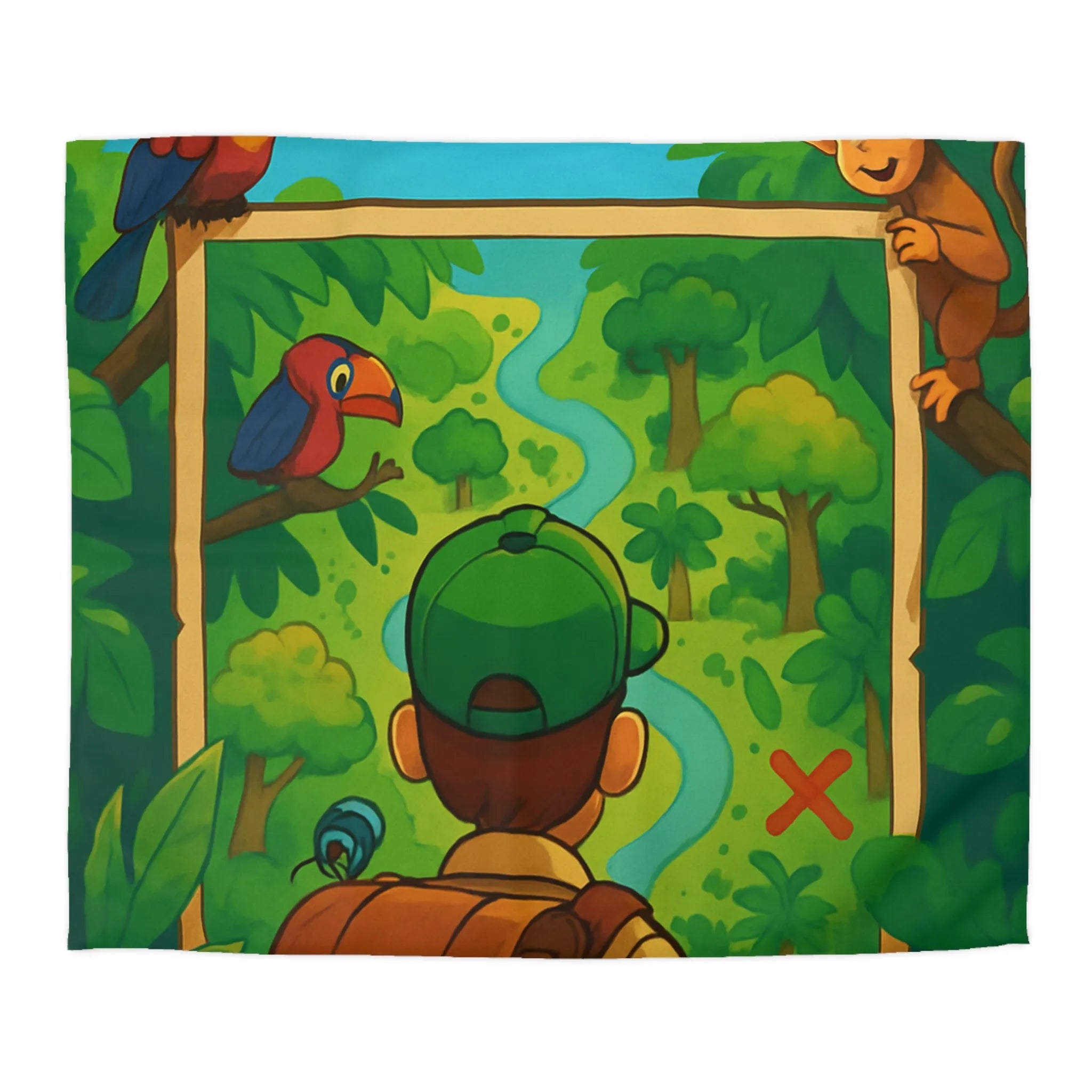 Housse de couette jungle avec enfant explorateur, singe, perroquet et montgolfière colorée