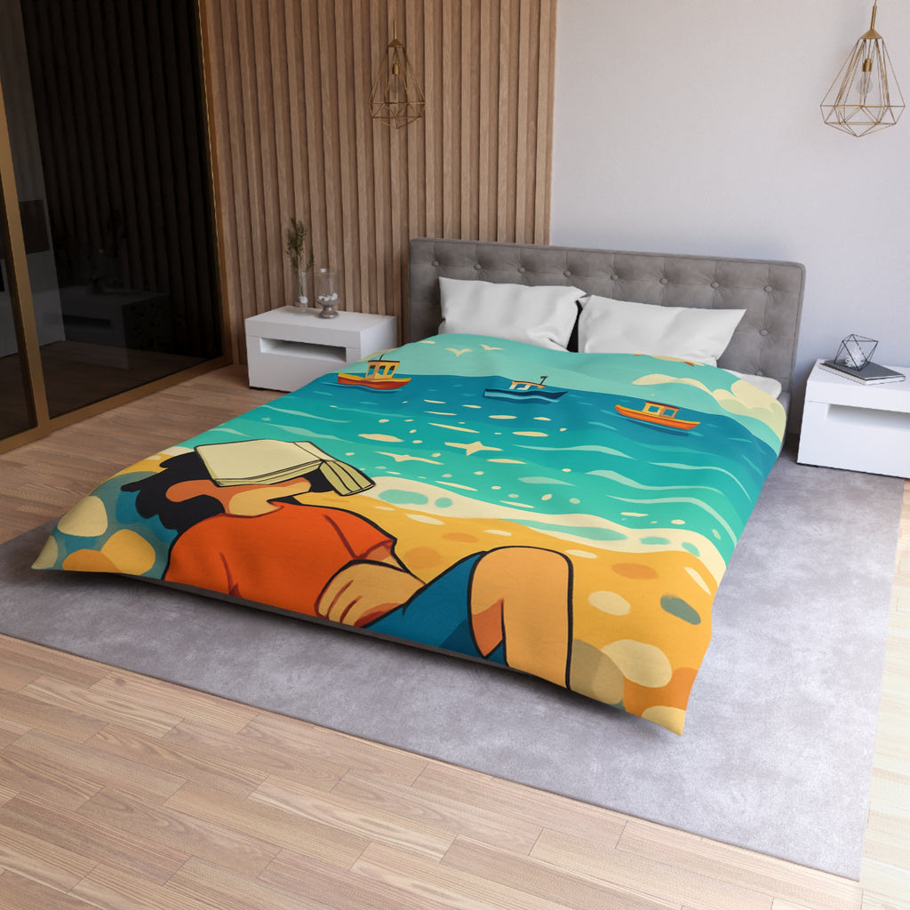 Housse de couette plage relaxante avec enfant, livre et mouettes en été ensoleillé