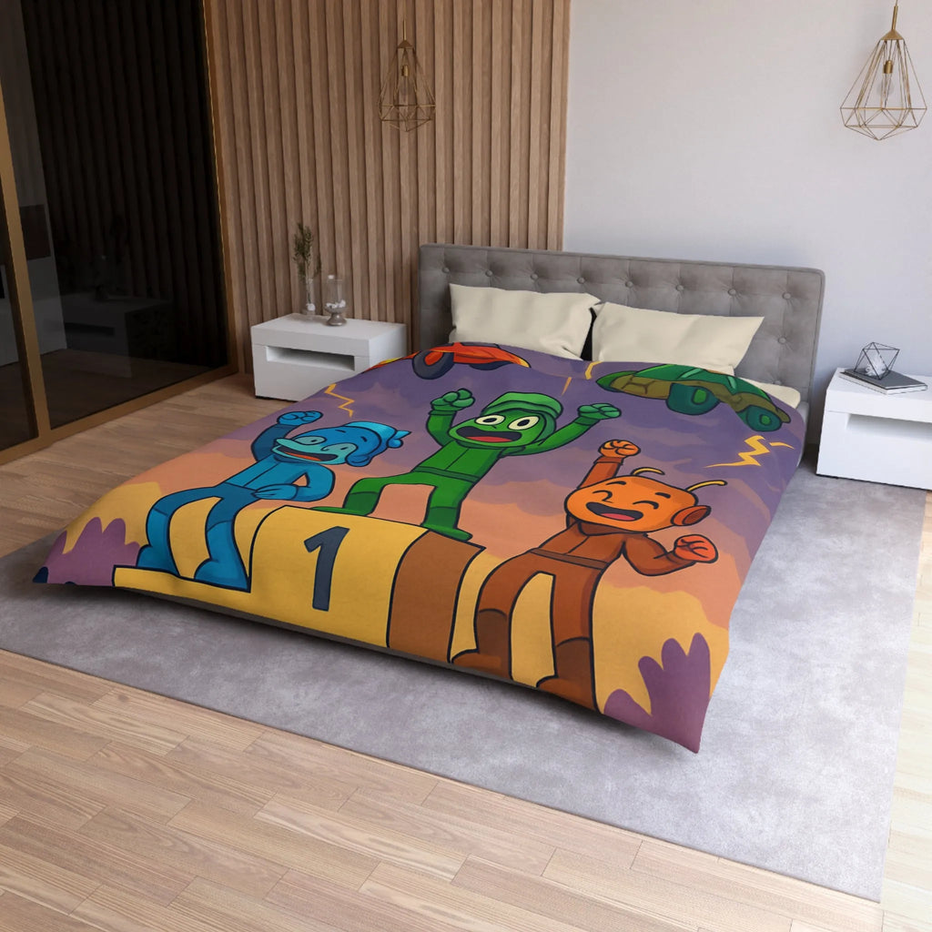 Housse de couette colorée avec podium de victoire et voitures exotiques dessinées