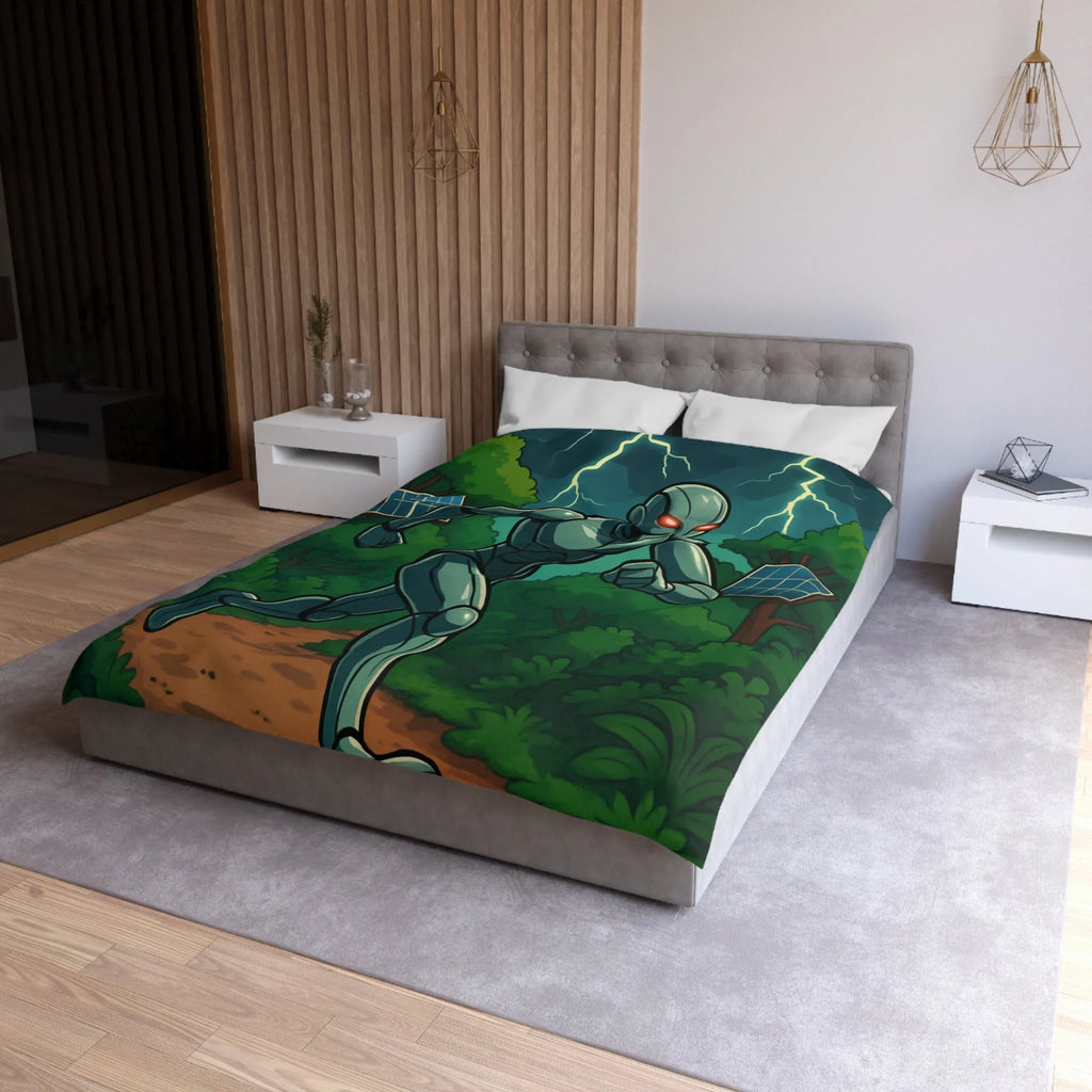 Housse de couette avec robot futuriste courant dans une jungle électrifiée et orageuse