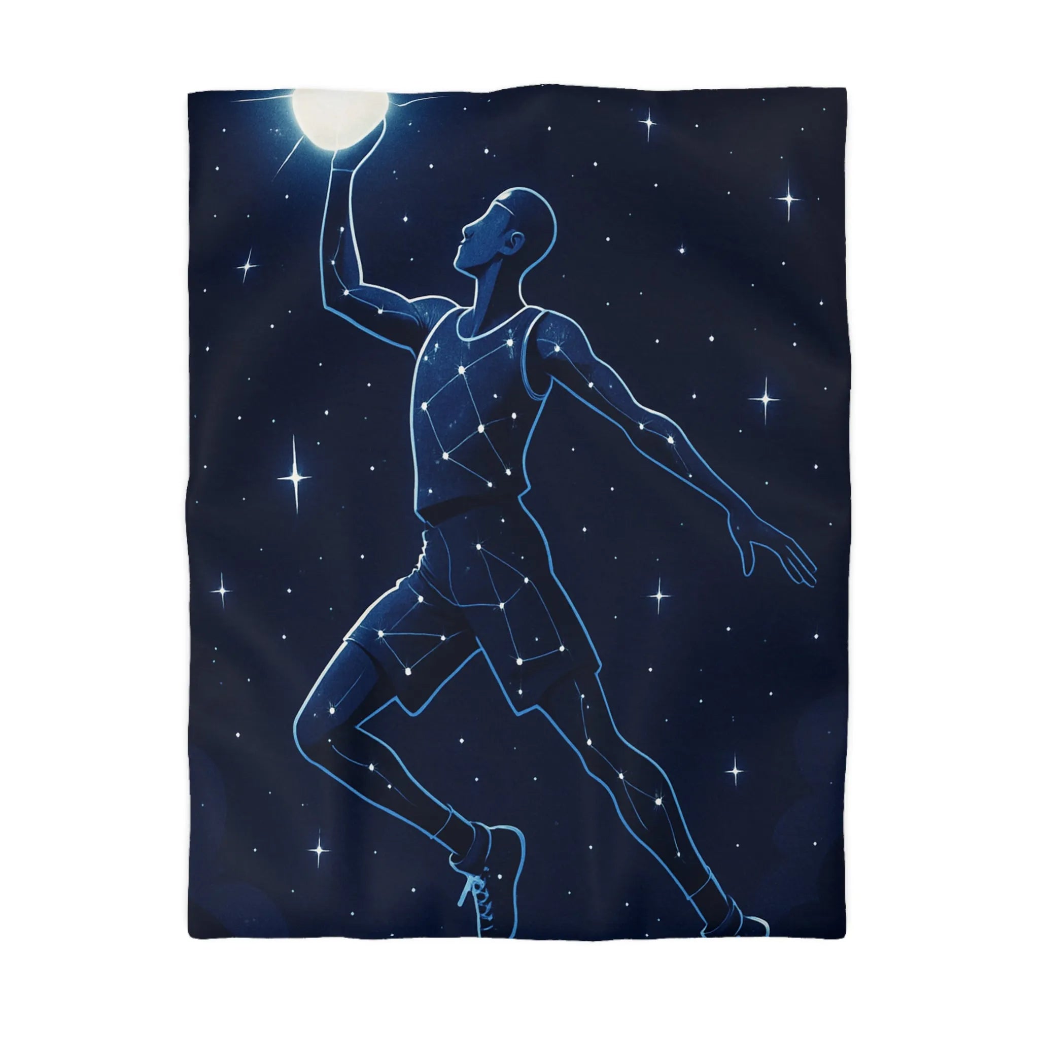 Housse de couette céleste étoilée avec silhouette de joueur de basketball en suspension