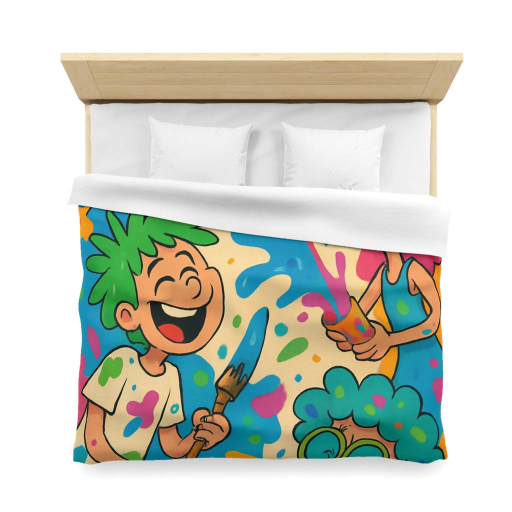 Housse de couette colorée pour enfants avec personnages joyeux et éclaboussures de peinture