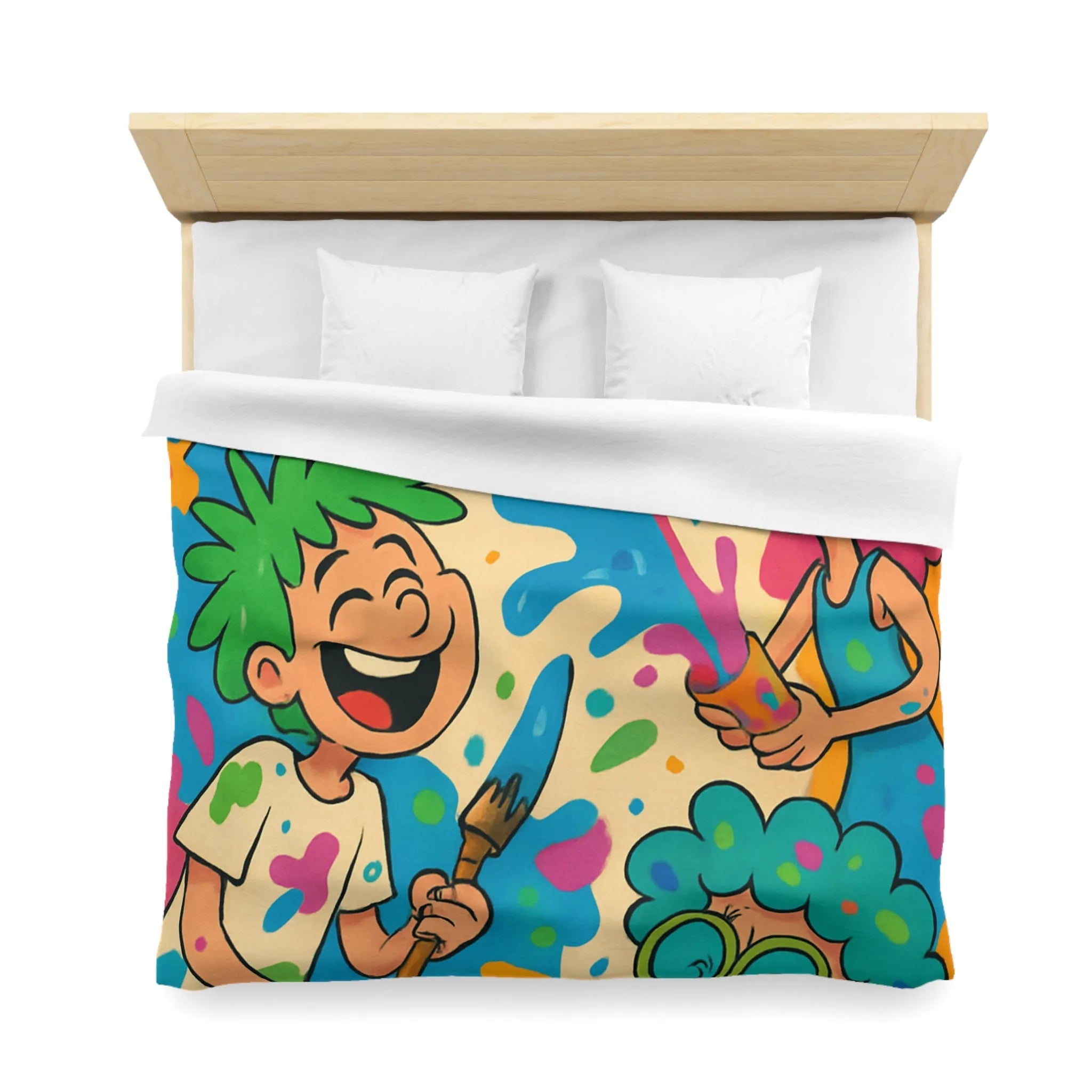 Housse de couette colorée pour enfants avec personnages joyeux et éclaboussures de peinture