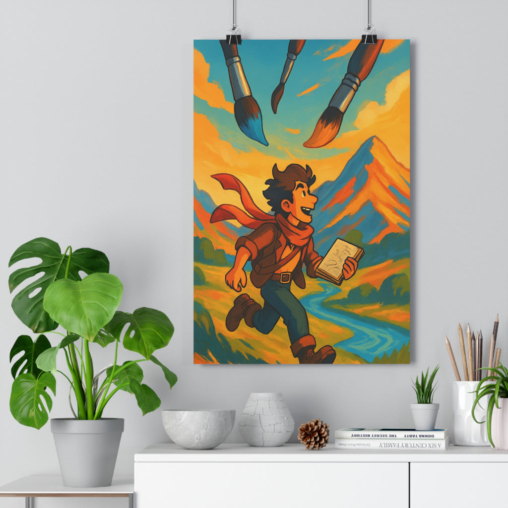 Poster décoratif fantaisie cartoon bleu orange joyeux dynamique paysage montagne chambre enfant créatif ambiance