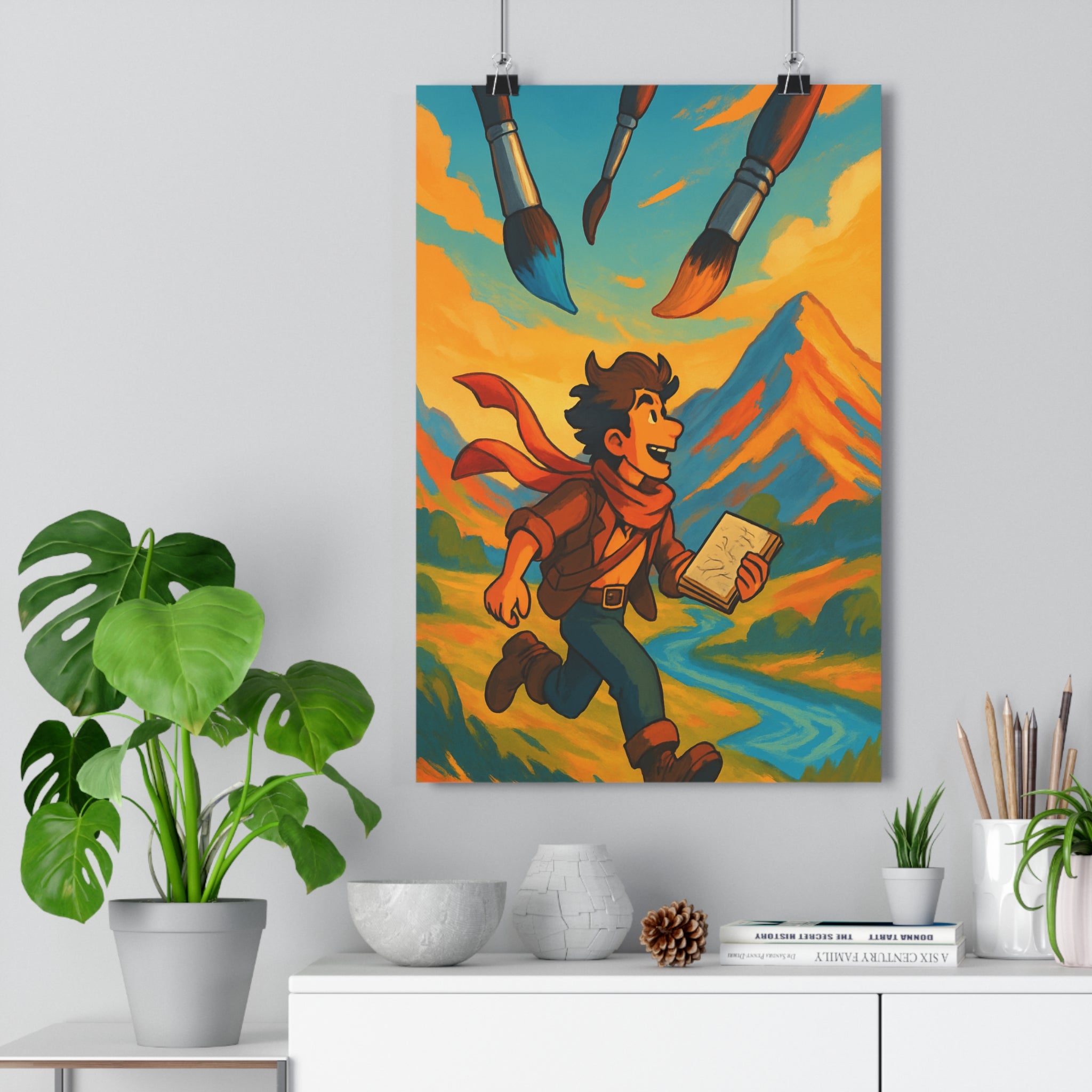 Poster décoratif fantaisie cartoon bleu orange joyeux dynamique paysage montagne chambre enfant créatif ambiance