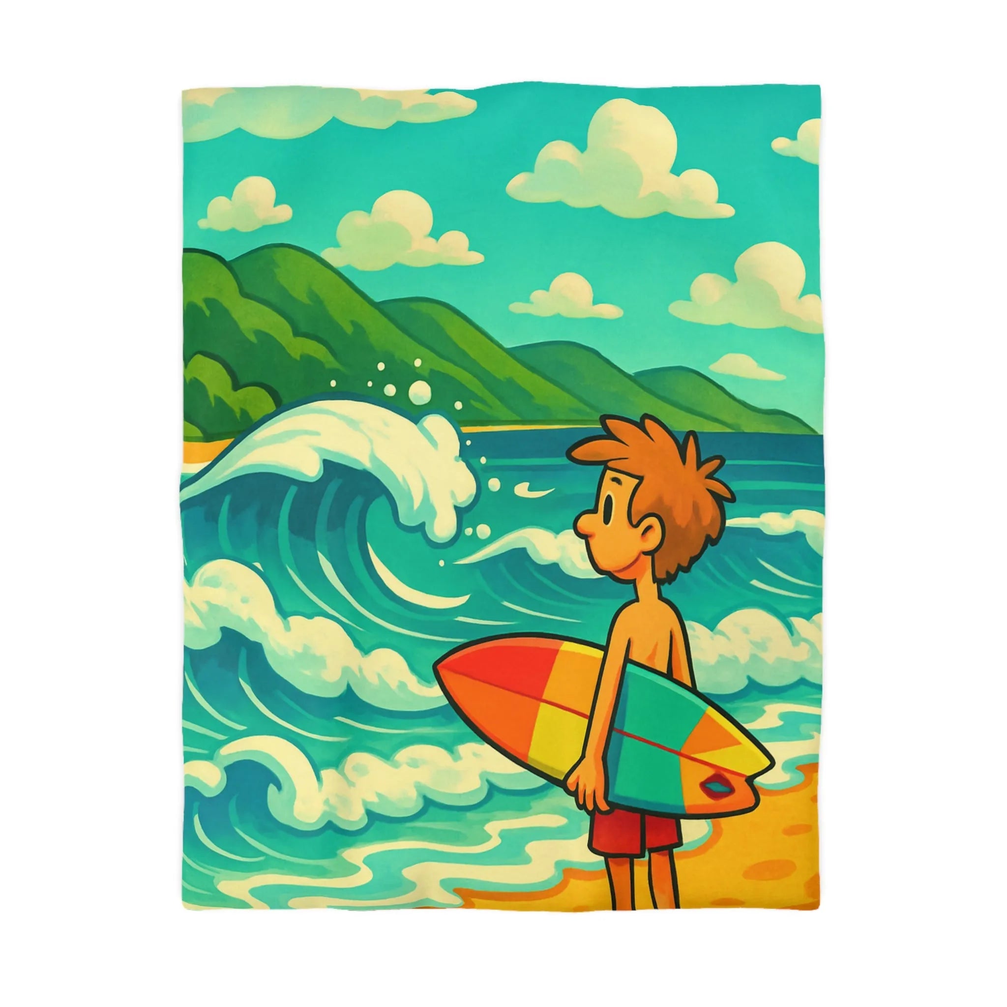 Housse de couette avec dessin coloré de plage pour enfants et surfeur