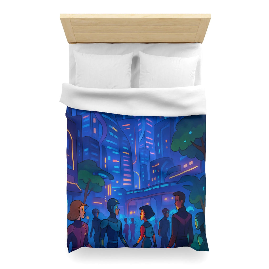 Housse de couette futuriste urbaine pour chambre moderne avec gratte-ciels illuminés la nuit