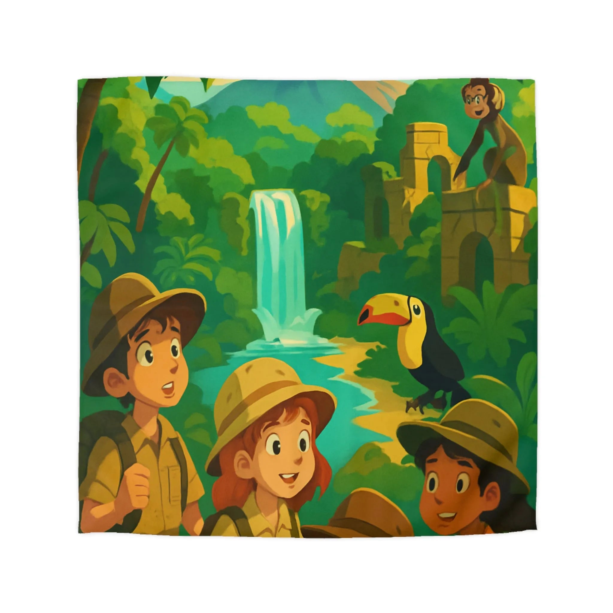 Housse de Couette Jungle Aventure Enfants avec Toucan, Monuments et Cascade Colorés