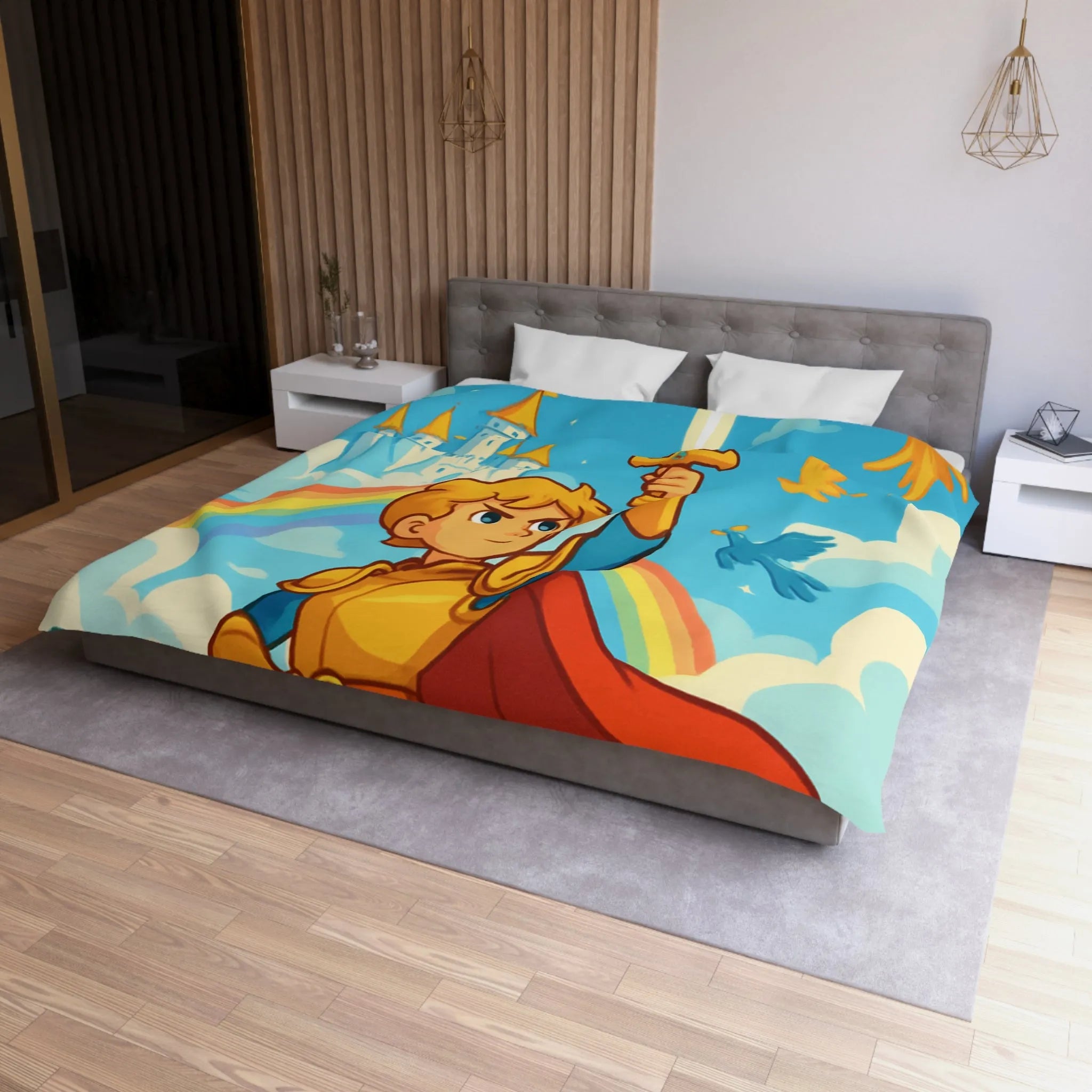 Housse de couette avec chevalier héroïque, arc-en-ciel et château féerique, thème aventure