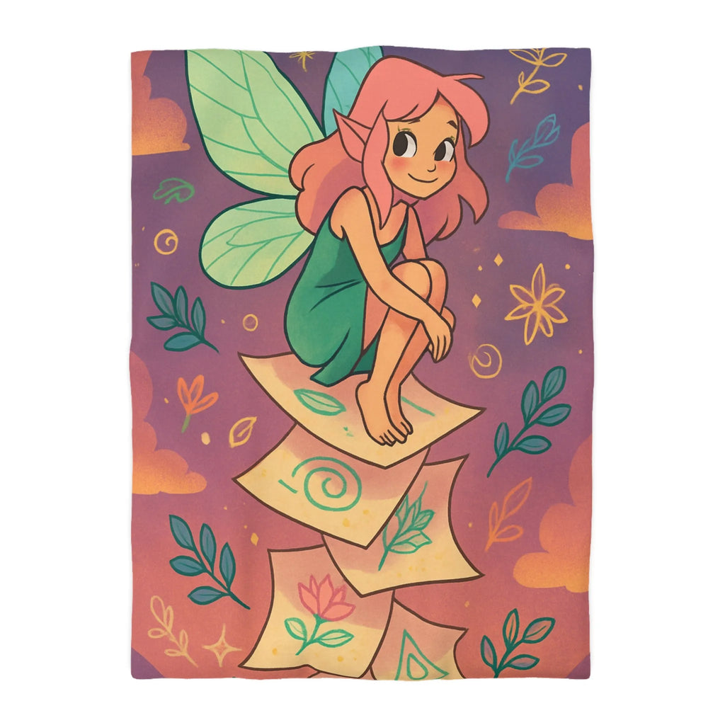 Housse de couette féerique avec fée aux ailes vertes et motifs floraux enchanteurs