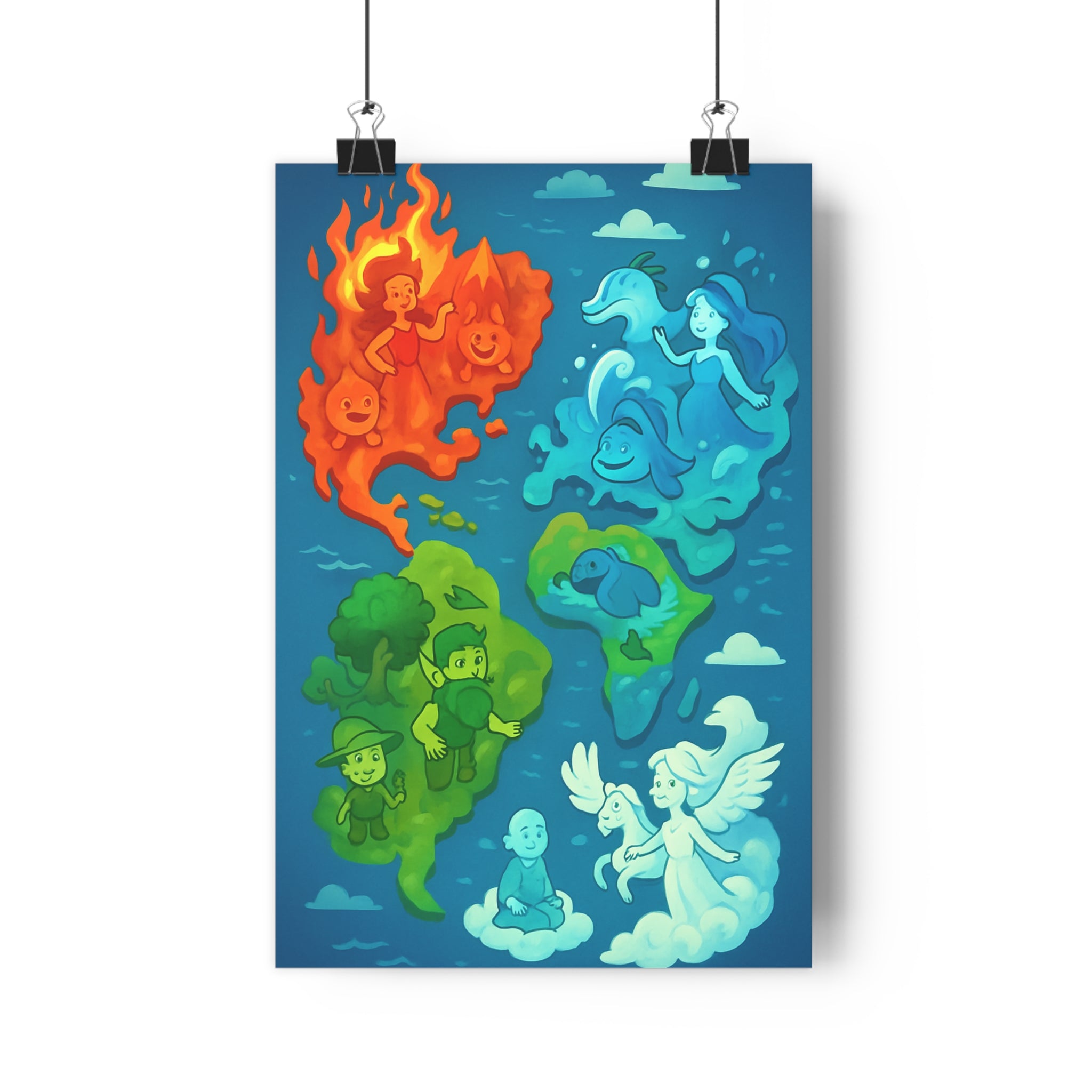 Poster décoratif carte monde animé feu eau terre air rouge bleu vert joyeux chambre