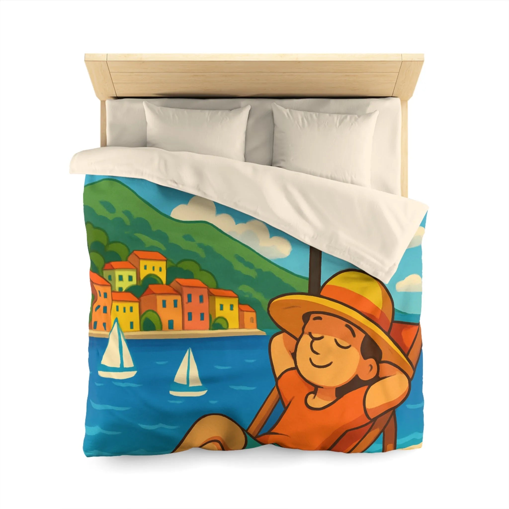 Housse de Couette Colorée Plage avec Parasol, Mer et Voiliers Décontractés Illustration