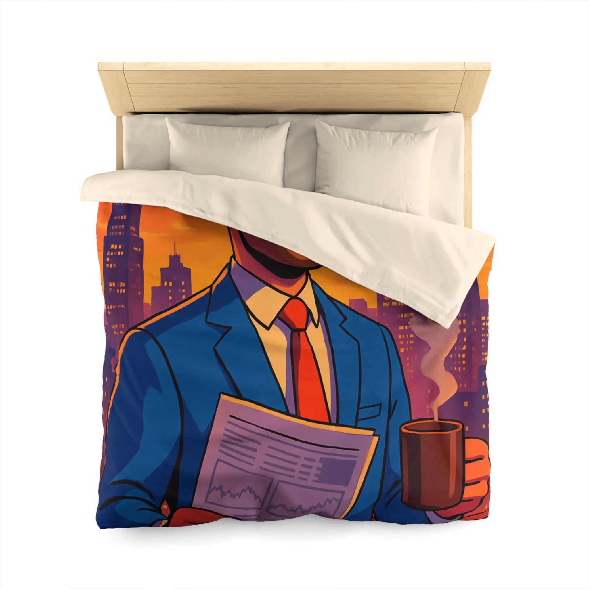 Housse de couette élégante avec silhouette urbaine et homme au coucher de soleil