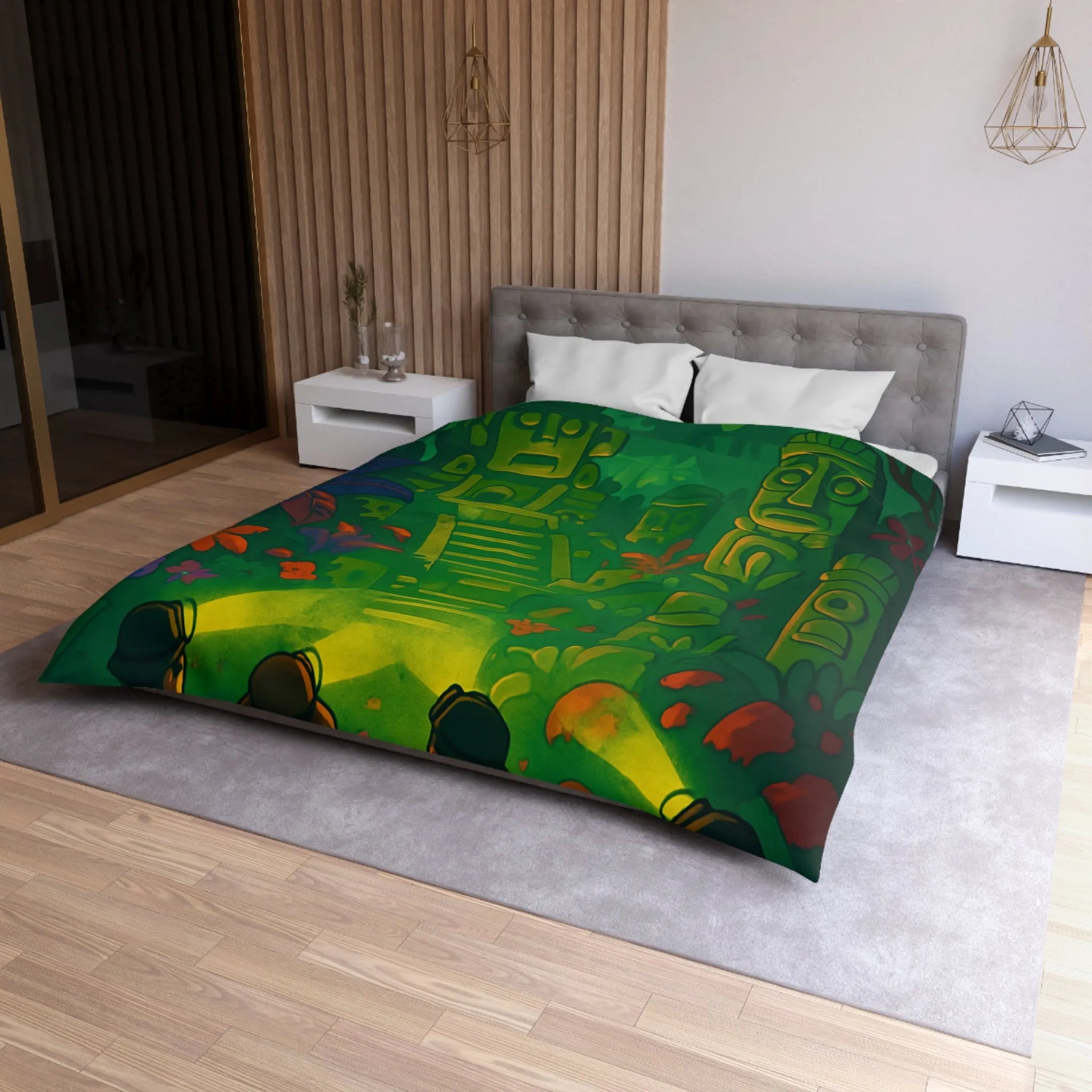 Housse de couette forêt tropicale avec statues anciennes, parfait pour les explorateurs nocturnes