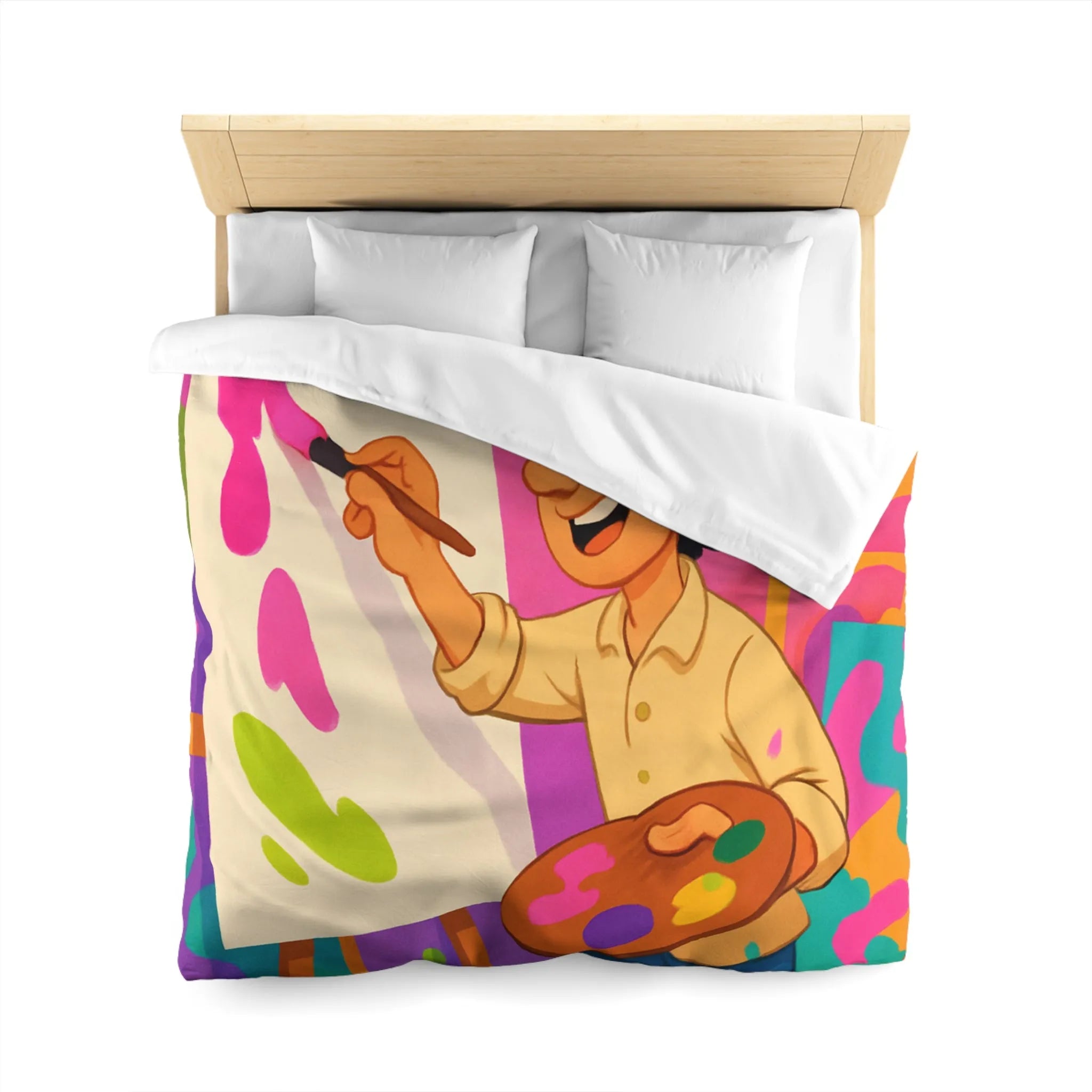 Housse de couette colorée avec artiste joyeux peignant des éclaboussures lumineuses abstraites